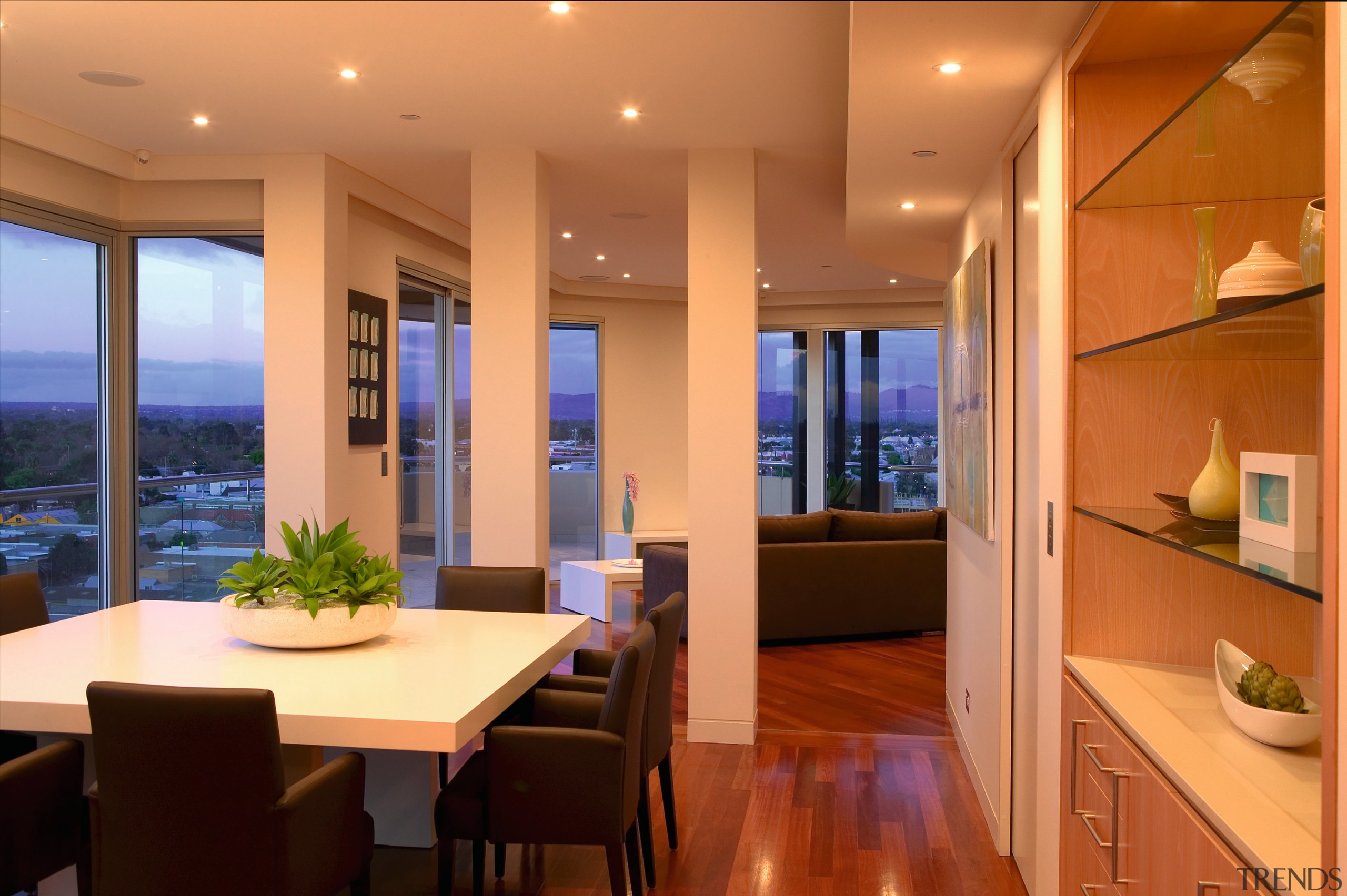 Open plan interior of apartment with light coloured ceiling, interior design, real estate, room, window, orange, brown