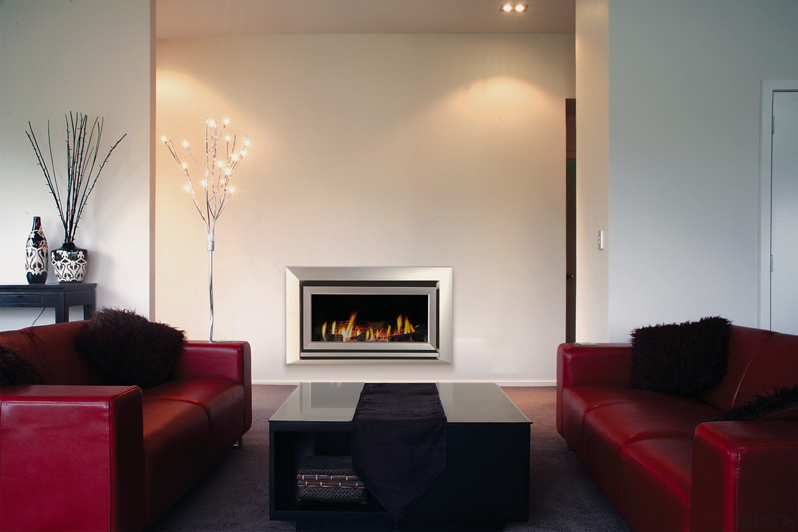 A view of a fireplace from Escea. - ceiling, fireplace, hearth, home, interior design, living room, room, gray