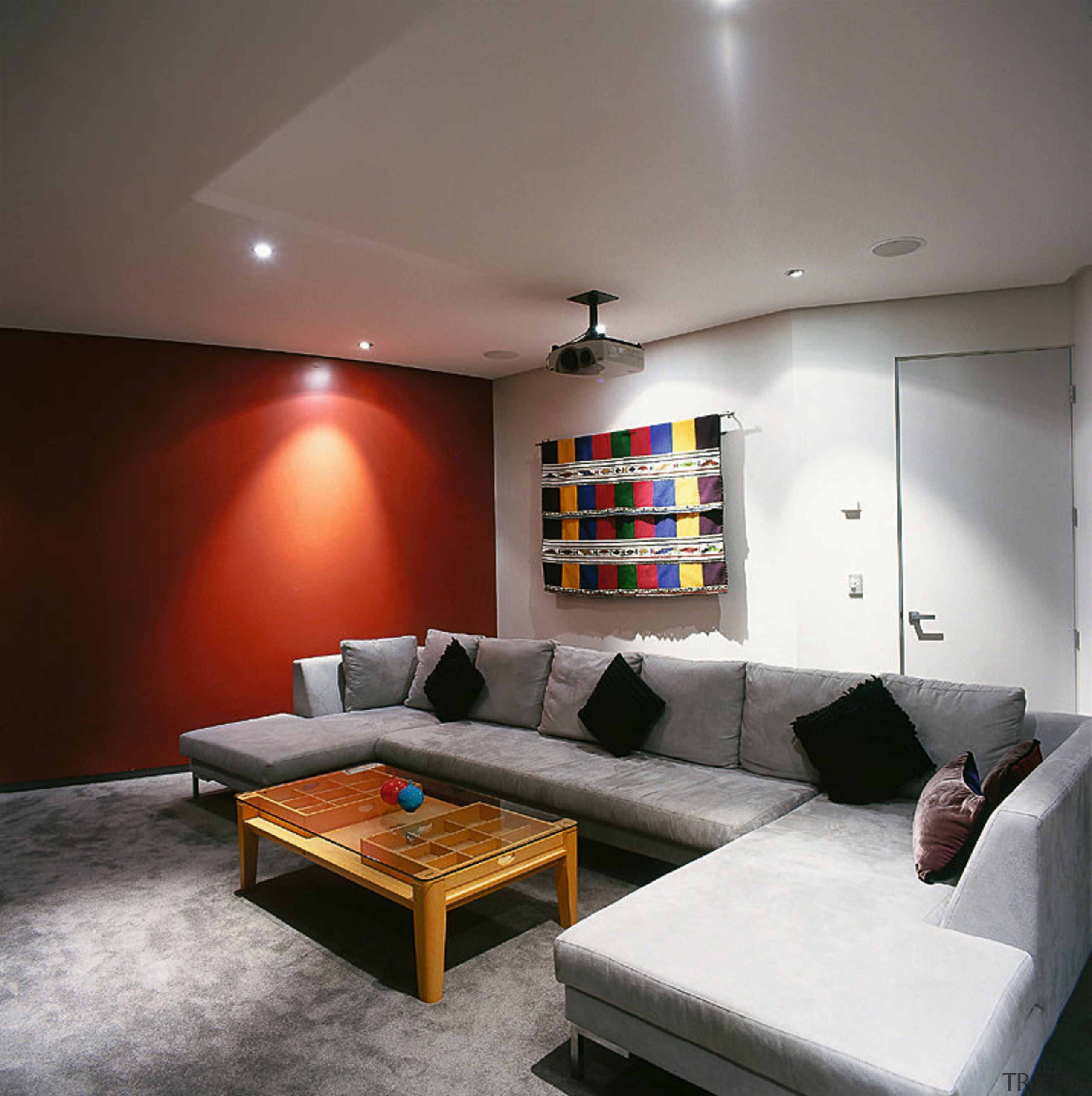 View of Sony projector mounted from the ceiling, architecture, ceiling, interior design, living room, real estate, room, table, wall, gray