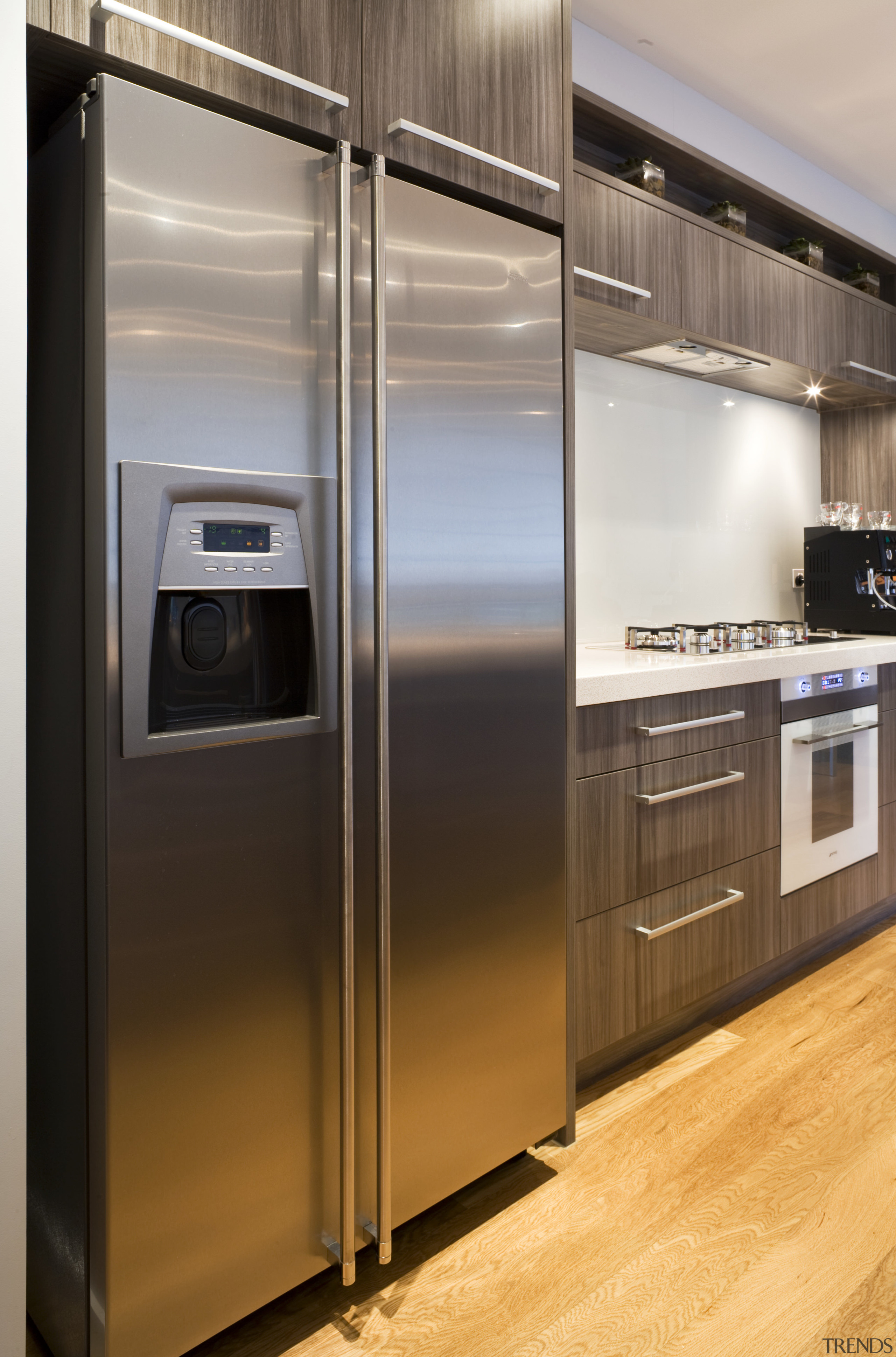 View of a kitchen which features appliances from countertop, home appliance, kitchen, kitchen appliance, major appliance, refrigerator, gray