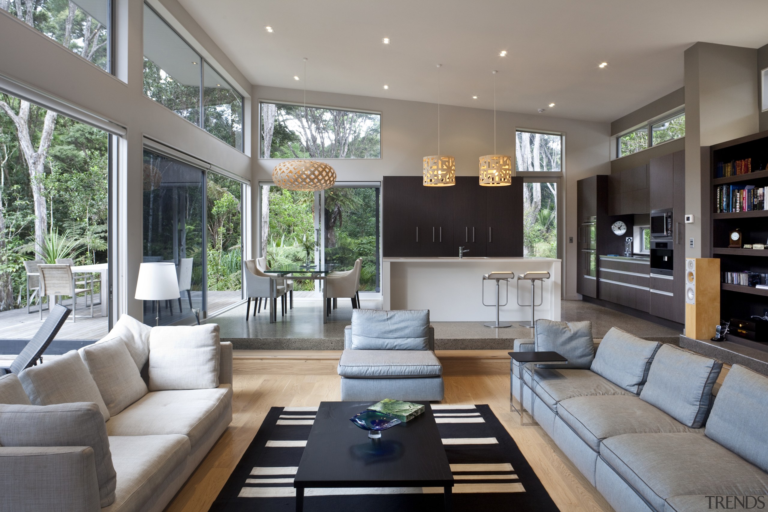 View of lounge with neutral-toned couches and dark home, house, interior design, living room, real estate, gray