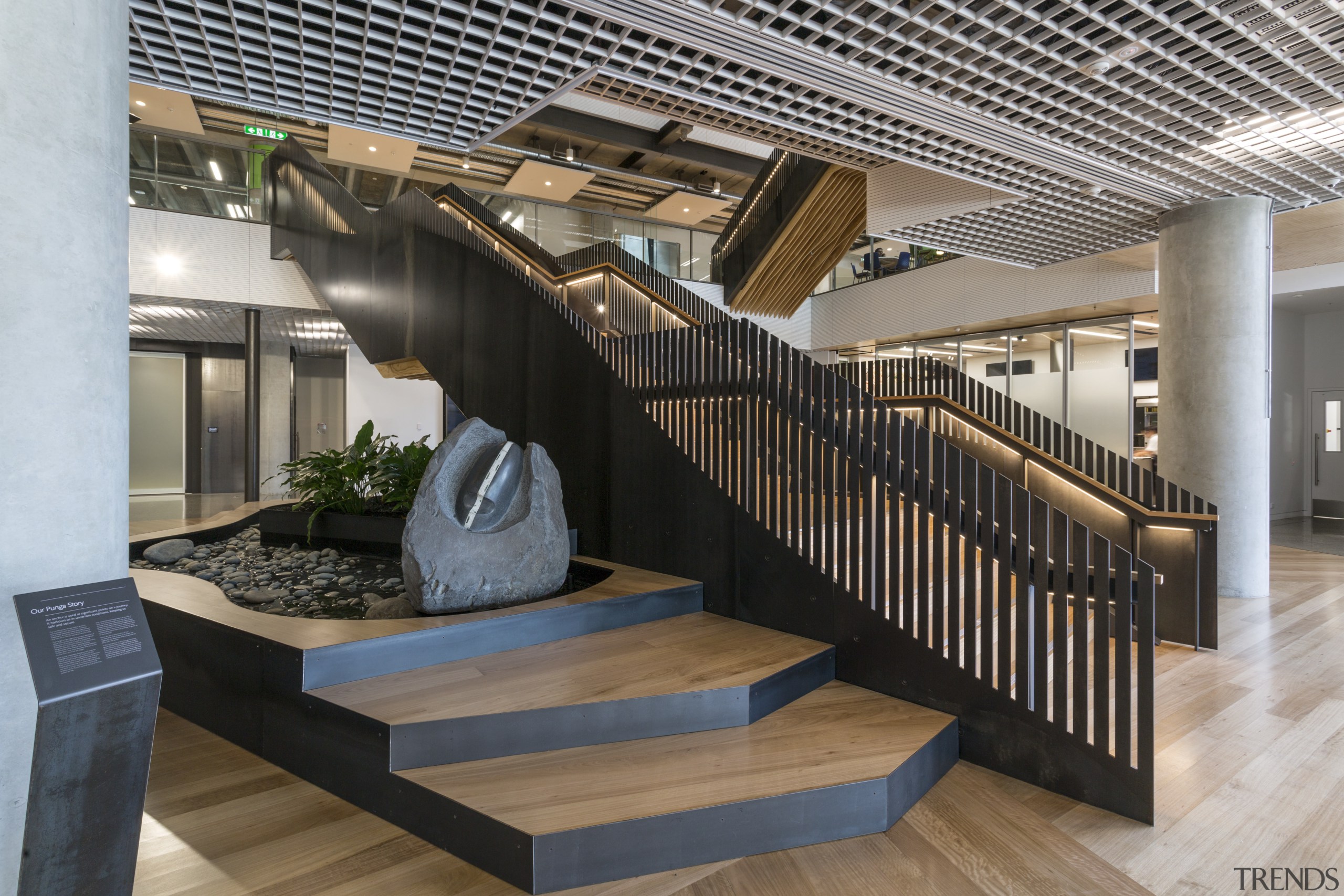 The ground floor of the Fonterra Centre represents architecture, interior design, stairs, gray, black