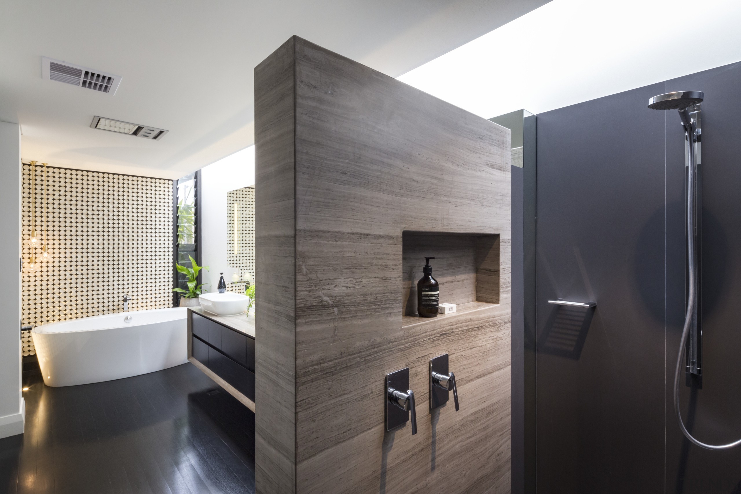 In pursuit of privacy, the front wall of bathroom, interior design, product design, room, gray, black, white