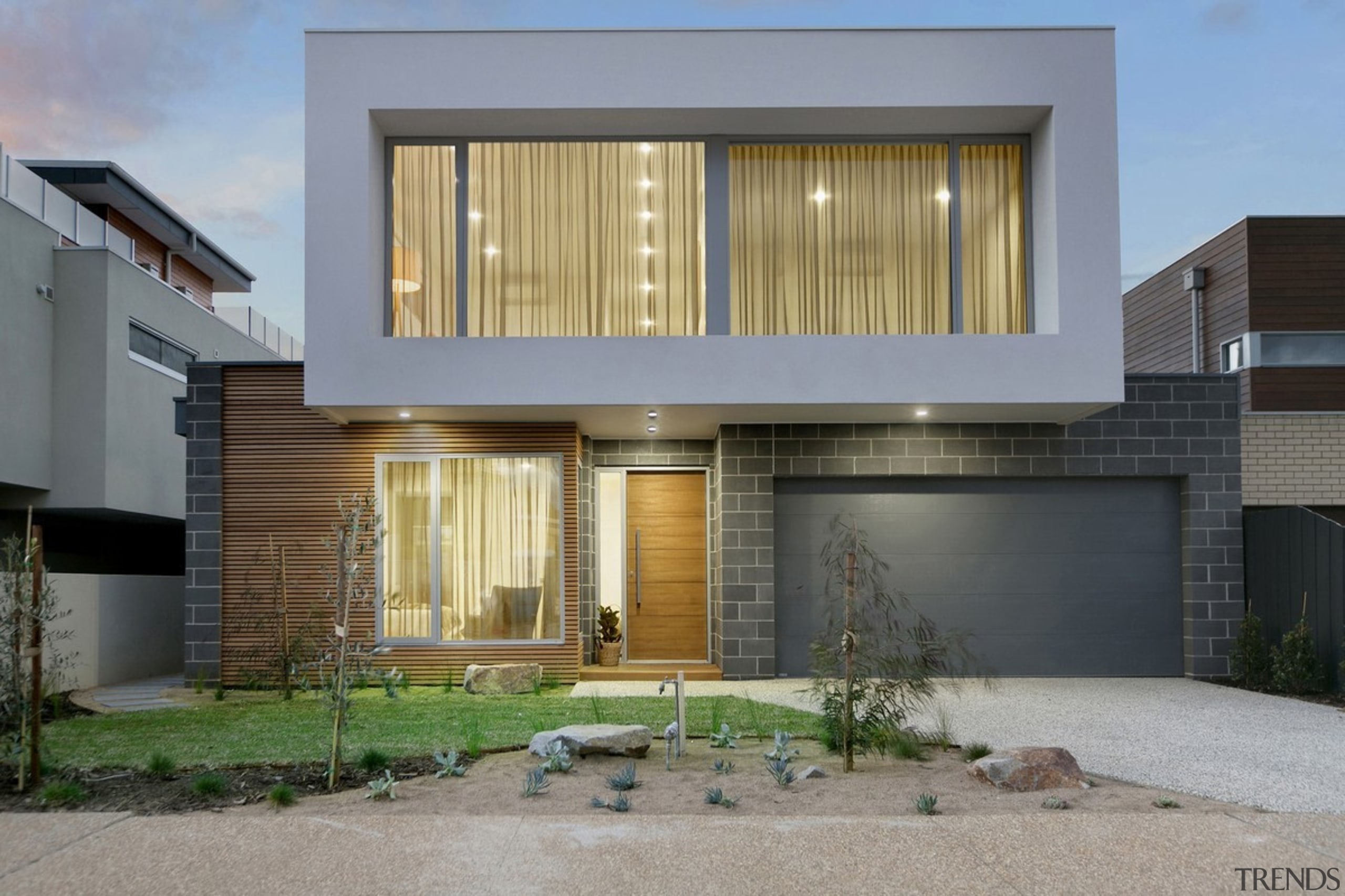 The home from the street - The home architecture, building, elevation, estate, facade, home, house, property, real estate, residential area, siding, window, gray