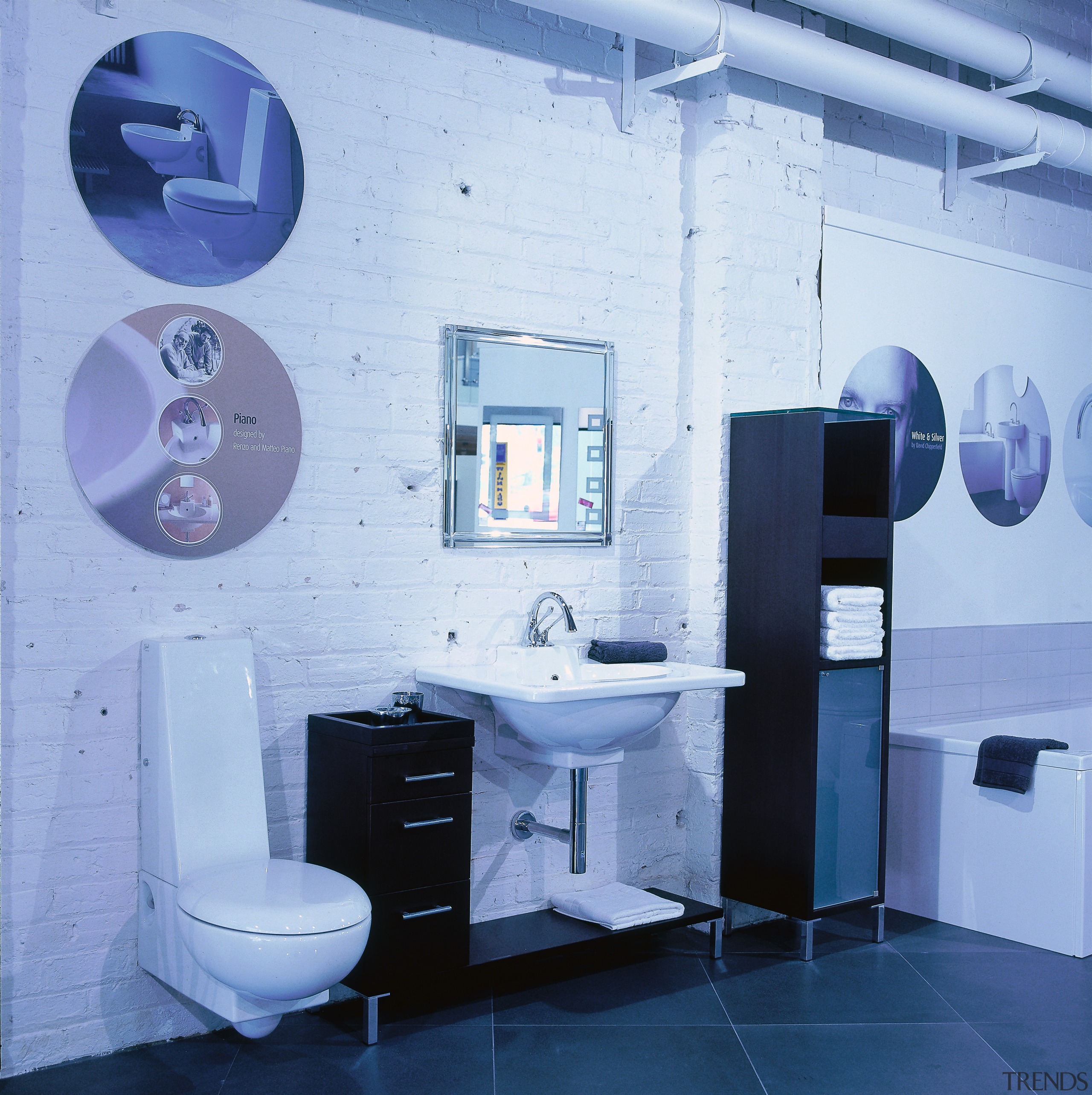 The view of a showroom featuring bathrooms - bathroom, blue, interior design, product design, purple, room, toilet, teal, blue