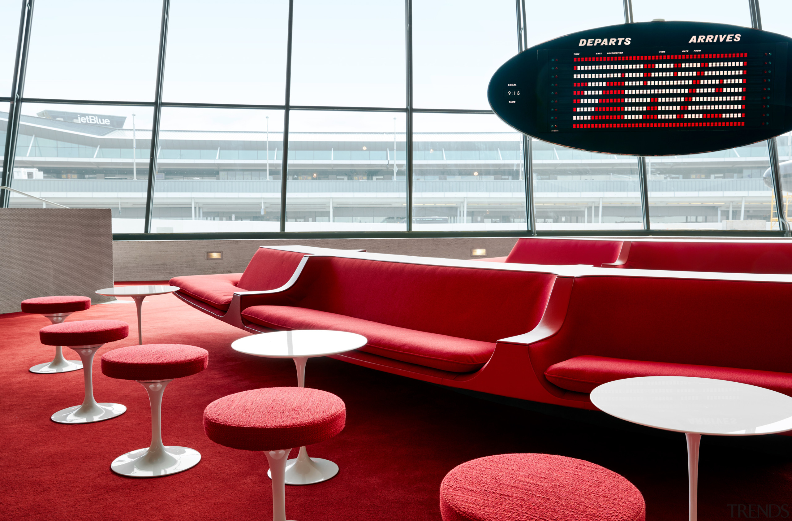 The Sunken Lounge at the TWA Hotel features architecture, Sunken Lounge, TWA Hotel, Chilli Pepper Red Carpet, penny tile