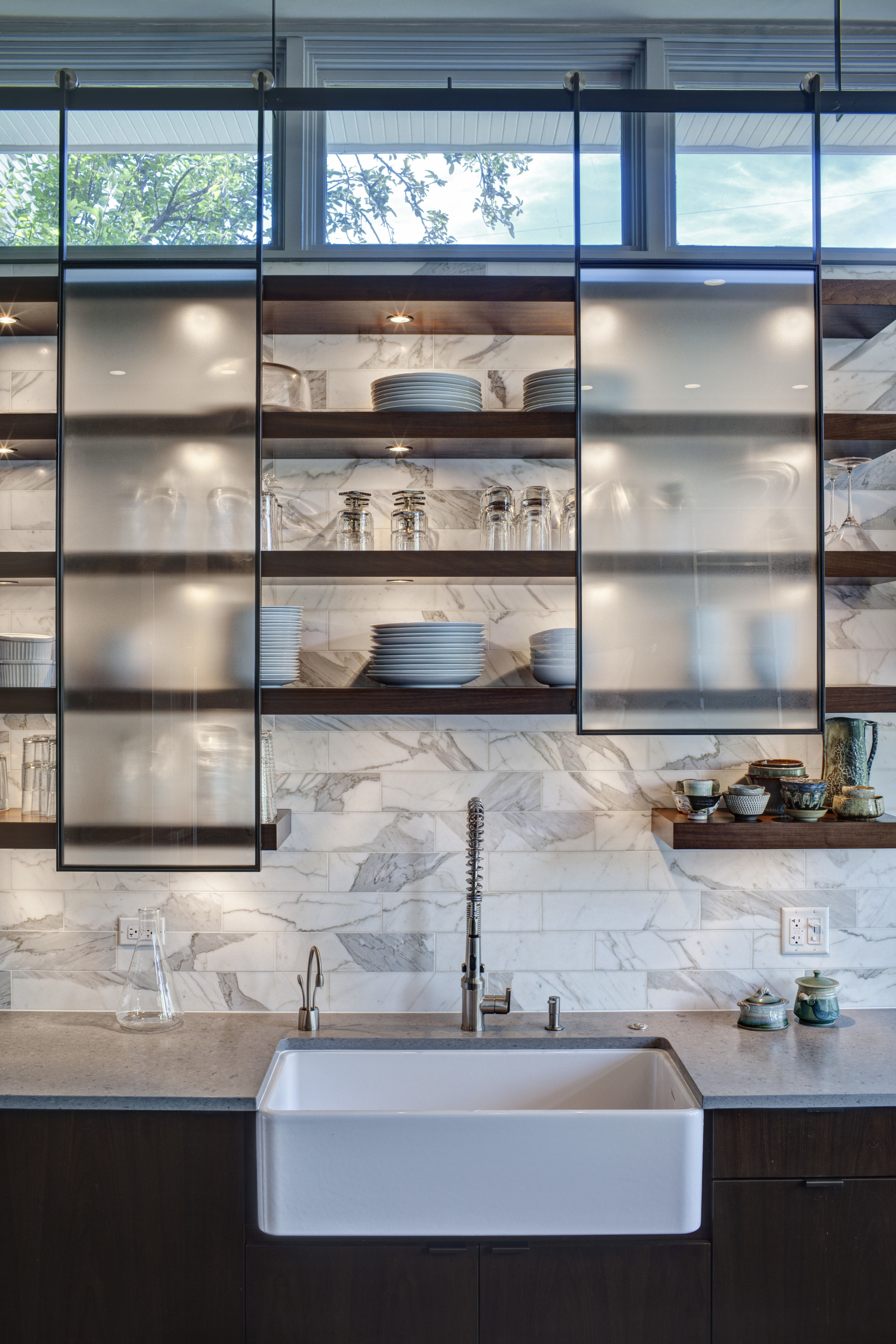 This layered kitchen by interior designer Allison Baskes cabinetry, countertop, glass, interior design, kitchen, shelf, shelving, gray