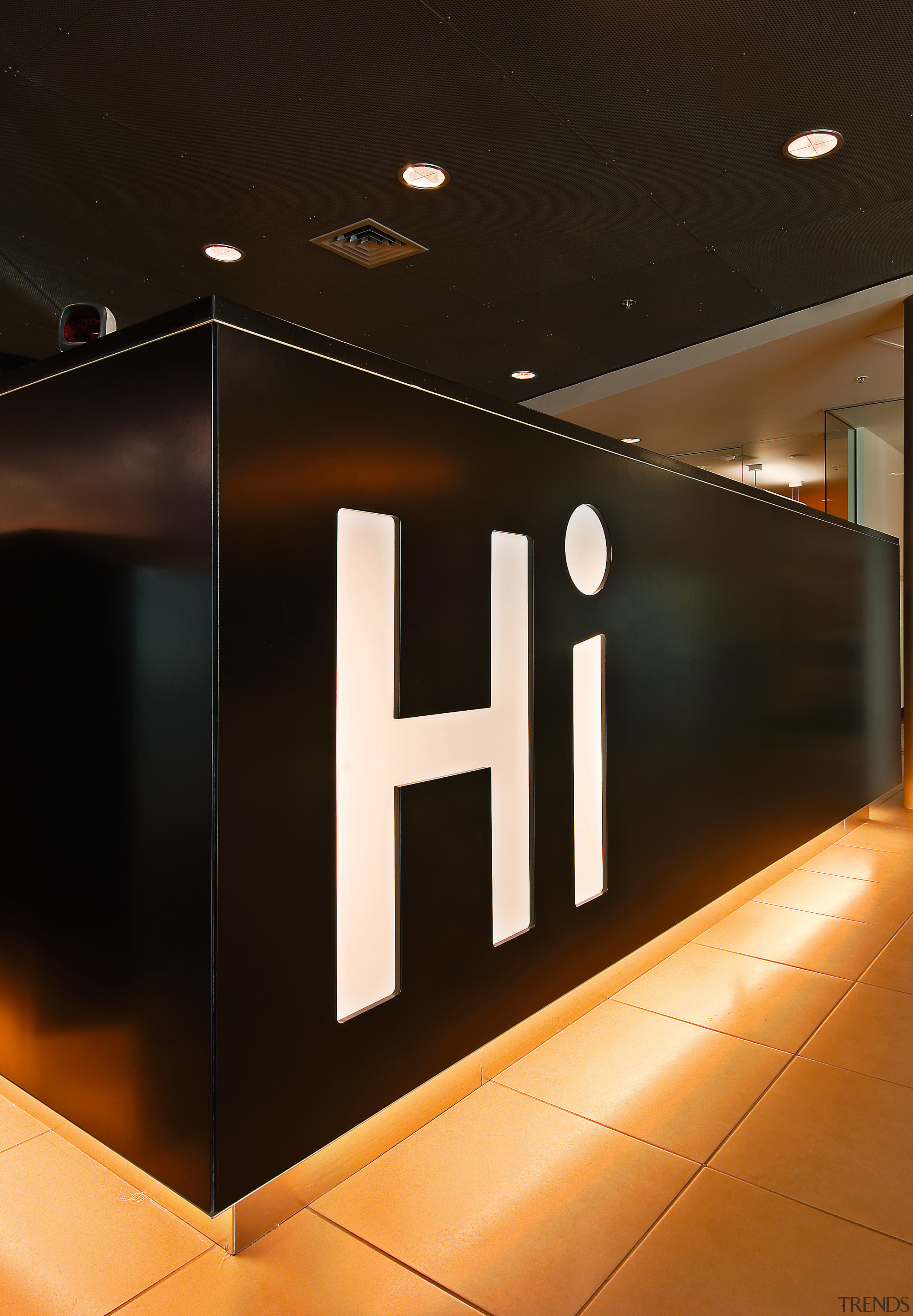 view of the reception desk area with large ceiling, interior design, light, lighting, product design, black