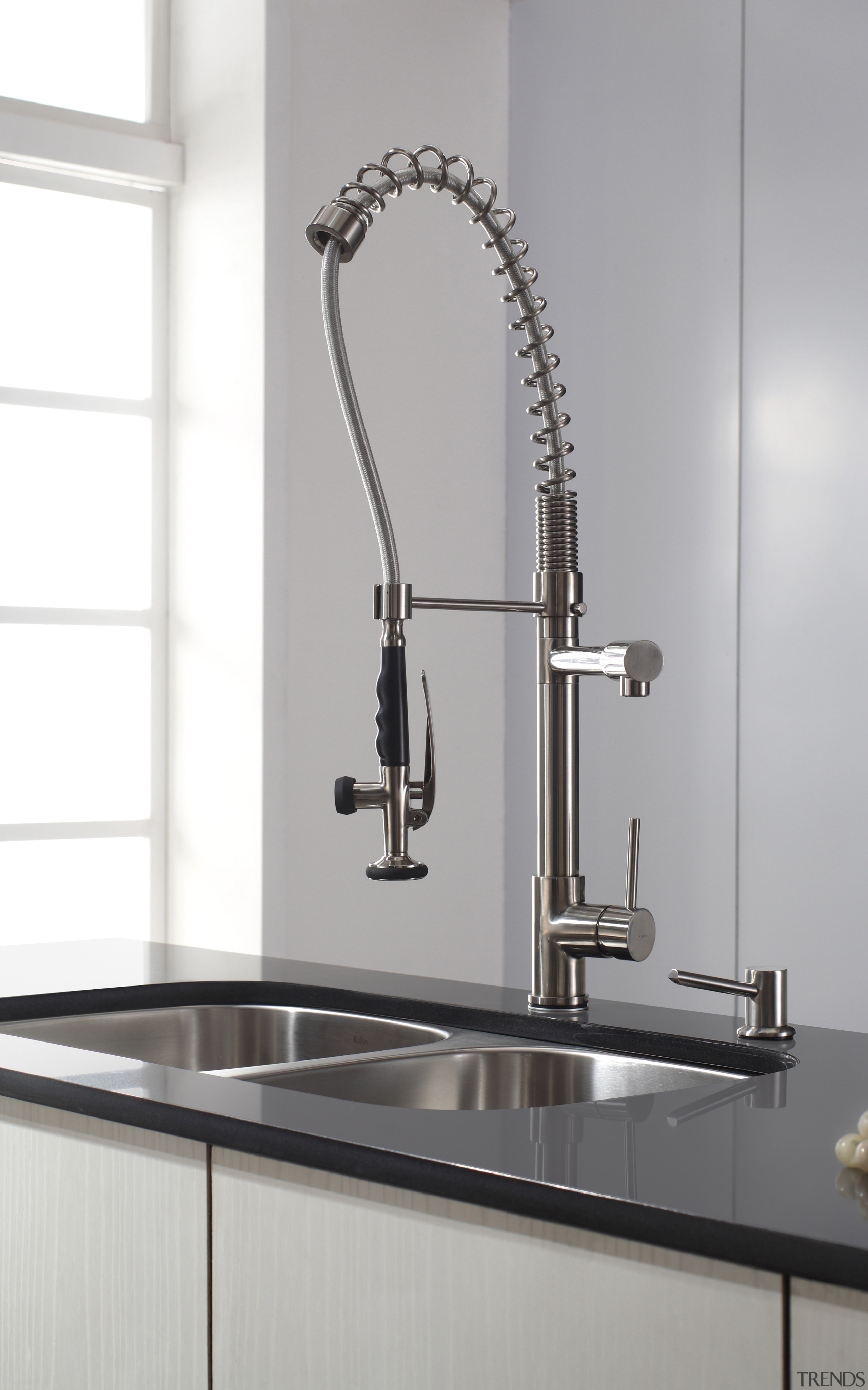 The slight industrial aesthetic generated by this Kraus bathroom sink, plumbing fixture, product design, sink, tap, white, gray
