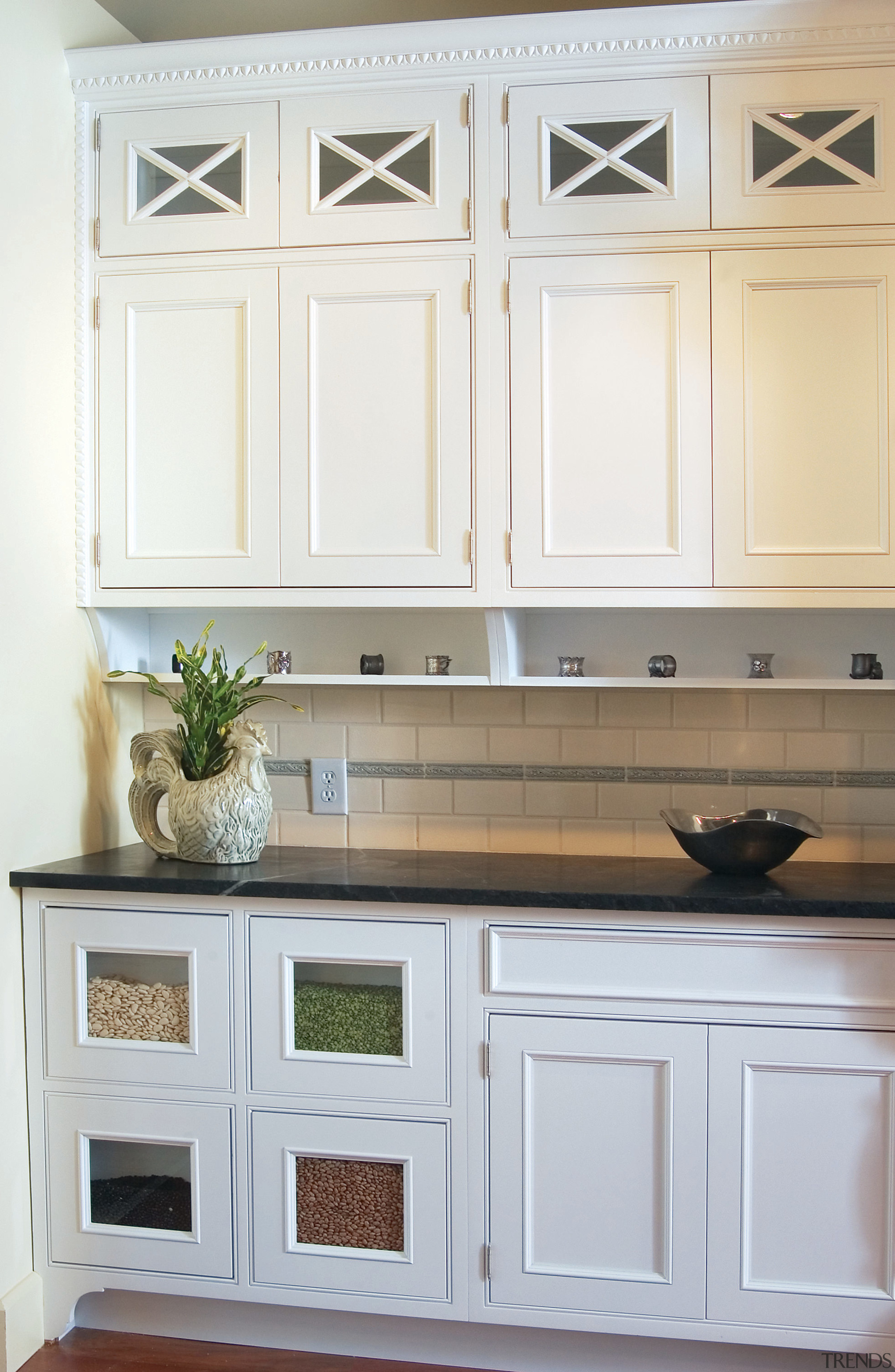 A view of these kitchens designed by Kitchen cabinetry, countertop, cuisine classique, cupboard, drawer, furniture, home, kitchen, room, wood stain, white, gray