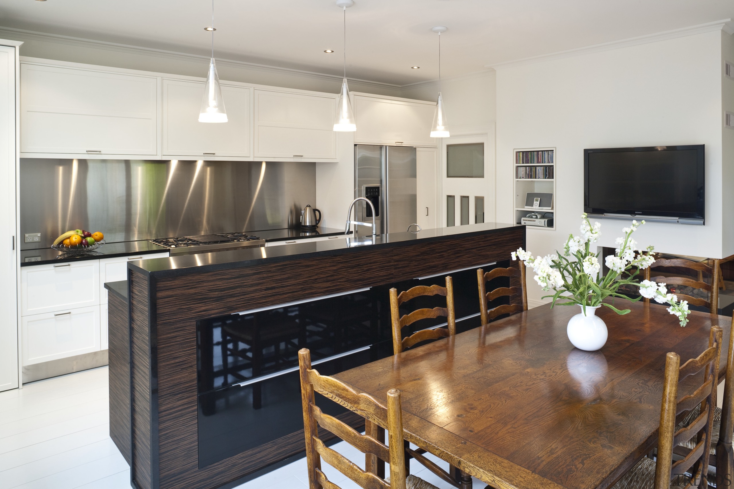 This renovated kitchen features indian black granite benchtops, cabinetry, countertop, cuisine classique, interior design, kitchen, real estate, room, white