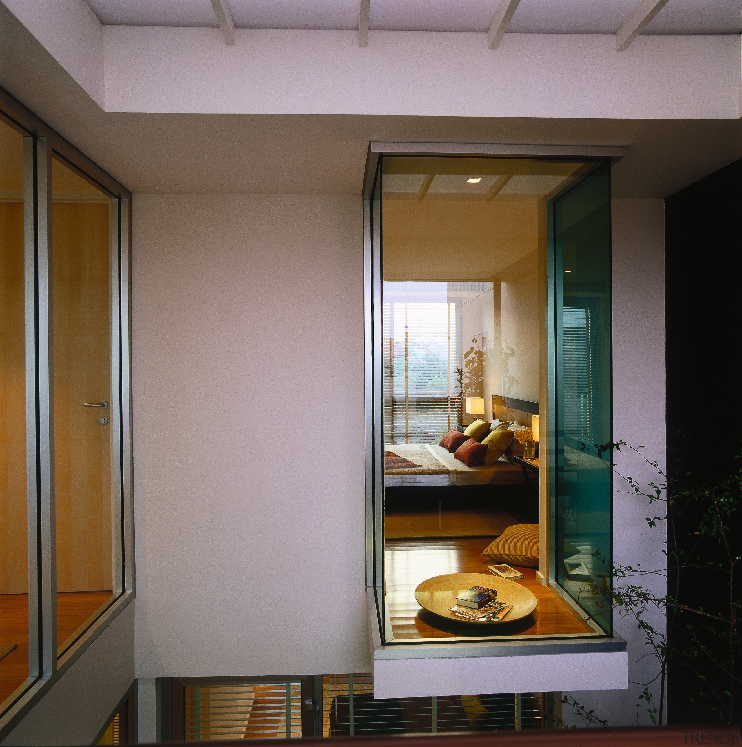 View of the cantilevered glazed section of the architecture, ceiling, door, glass, house, interior design, window, gray, black