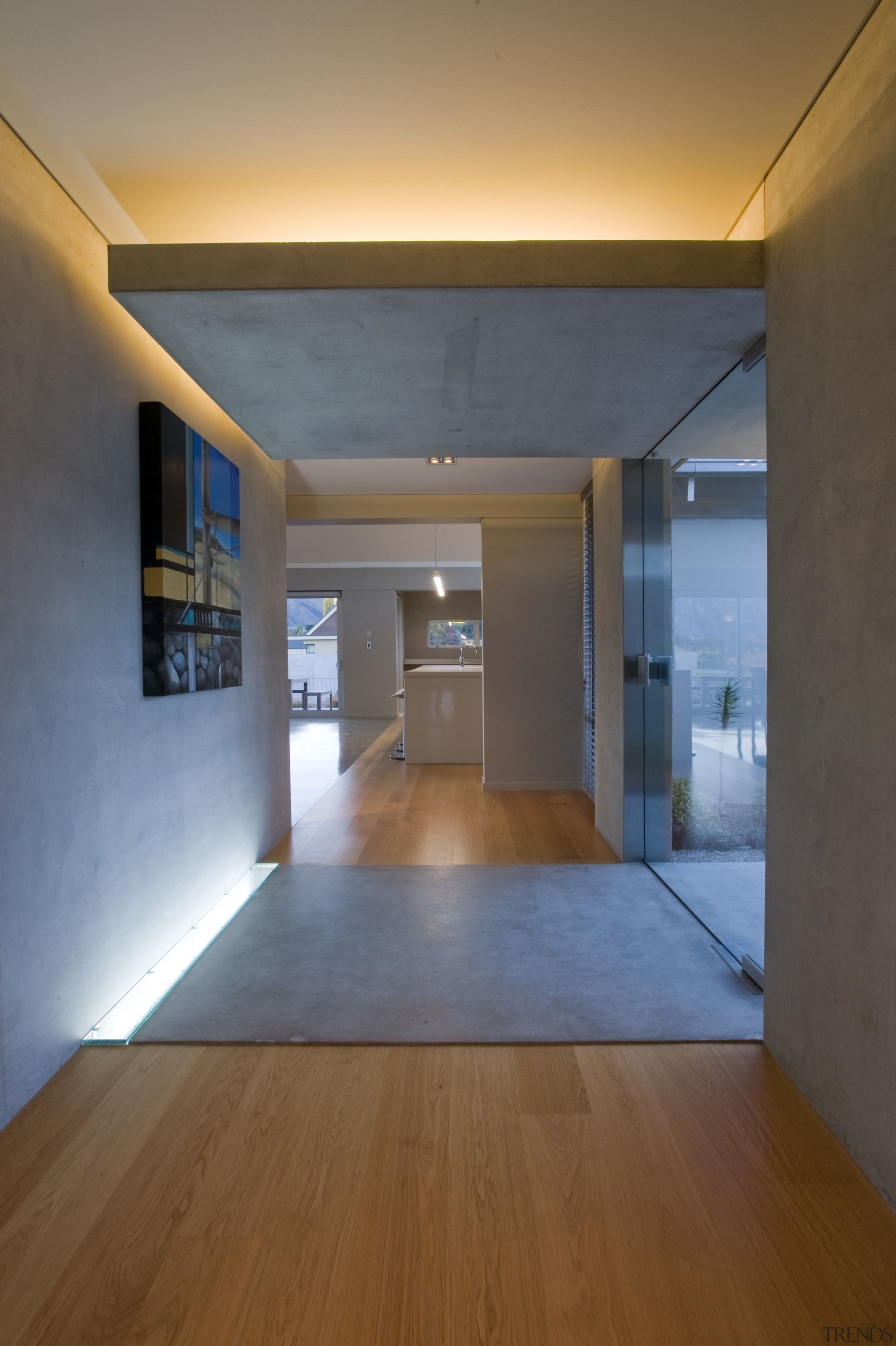 View of hallway with wooden flooring and light apartment, architecture, ceiling, daylighting, floor, flooring, hardwood, home, house, interior design, laminate flooring, lighting, lobby, loft, real estate, wall, wood, wood flooring, brown