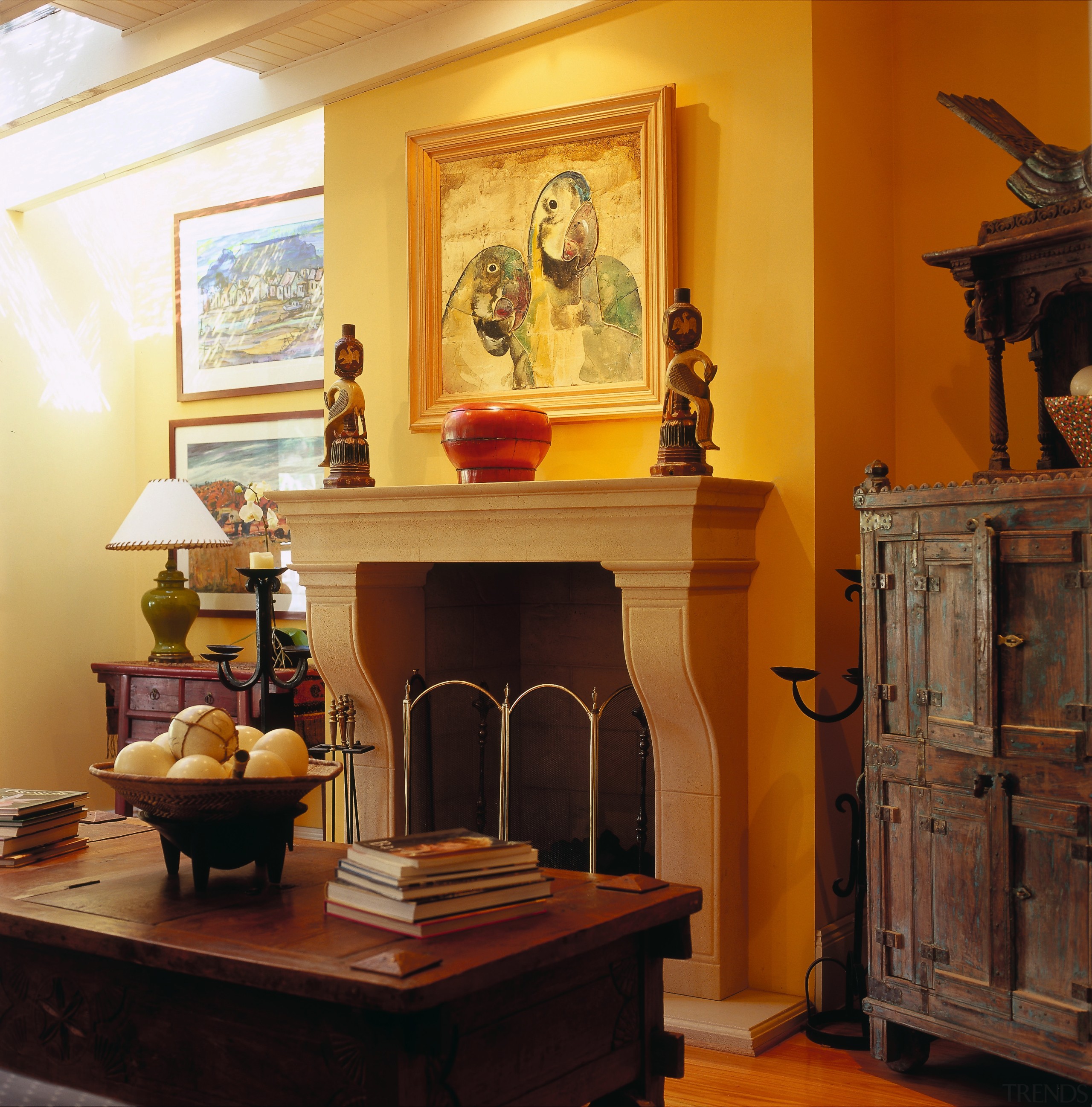 View of this living room - View of antique, fireplace, furniture, hearth, home, interior design, living room, room, table, brown, orange, black