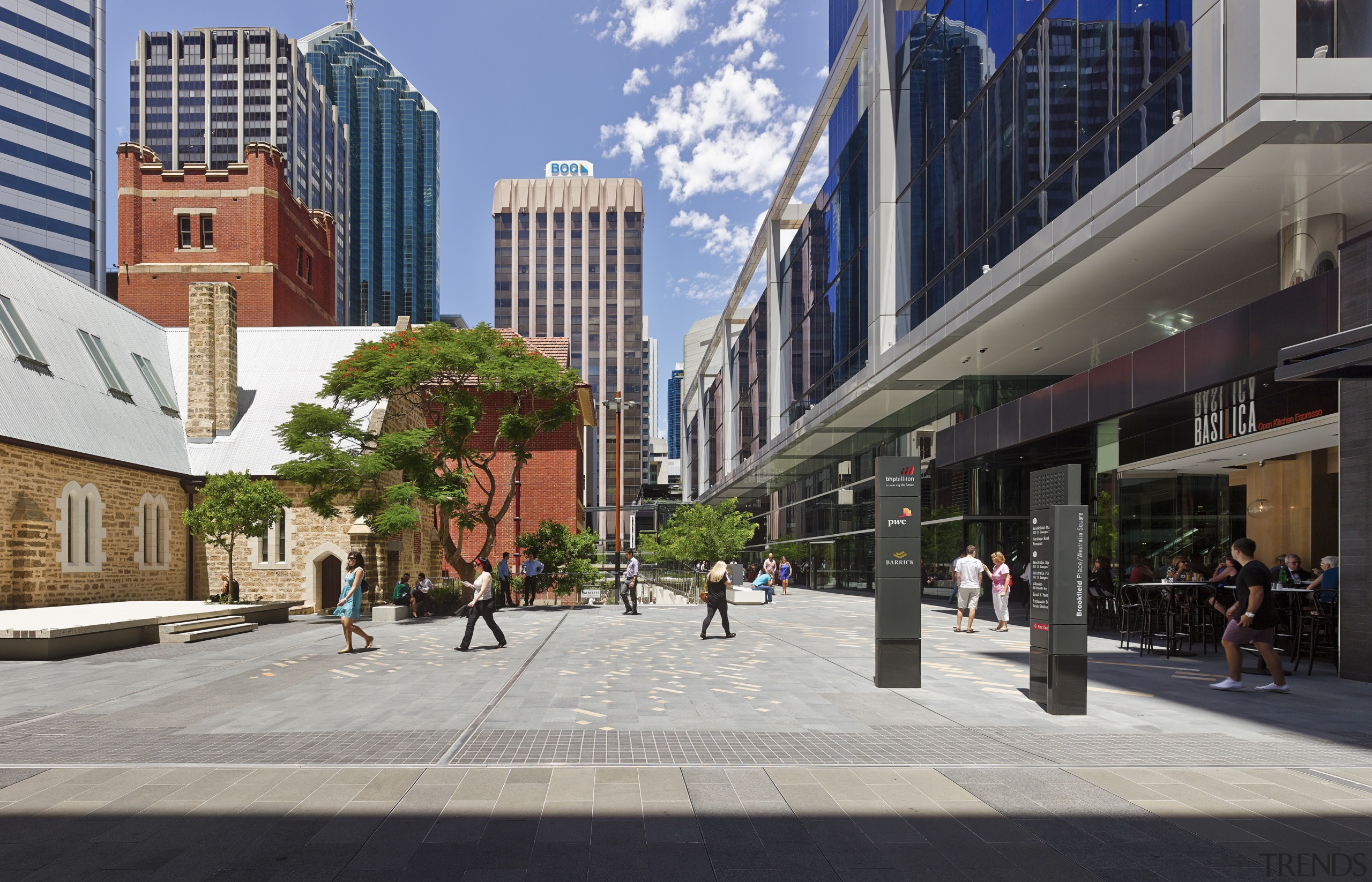 At Brookfield Place in Perth, the scale of building, city, condominium, daytime, downtown, metropolis, metropolitan area, mixed use, neighbourhood, pedestrian, plaza, real estate, residential area, skyscraper, street, town, town square, urban area, urban design, gray, black