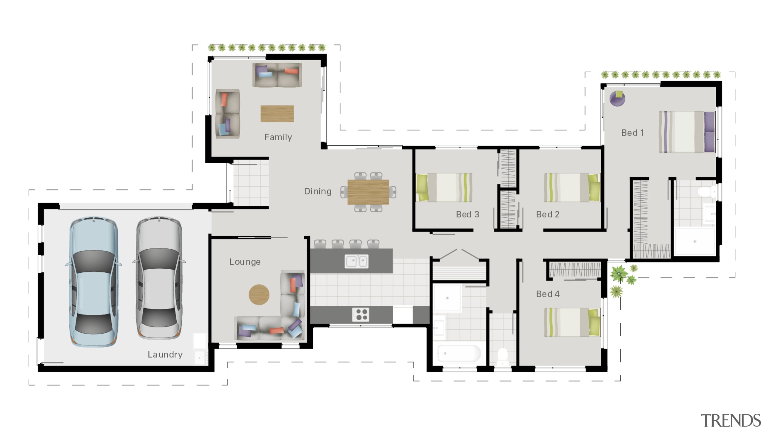 The two car garage includes the laundry, tucked 