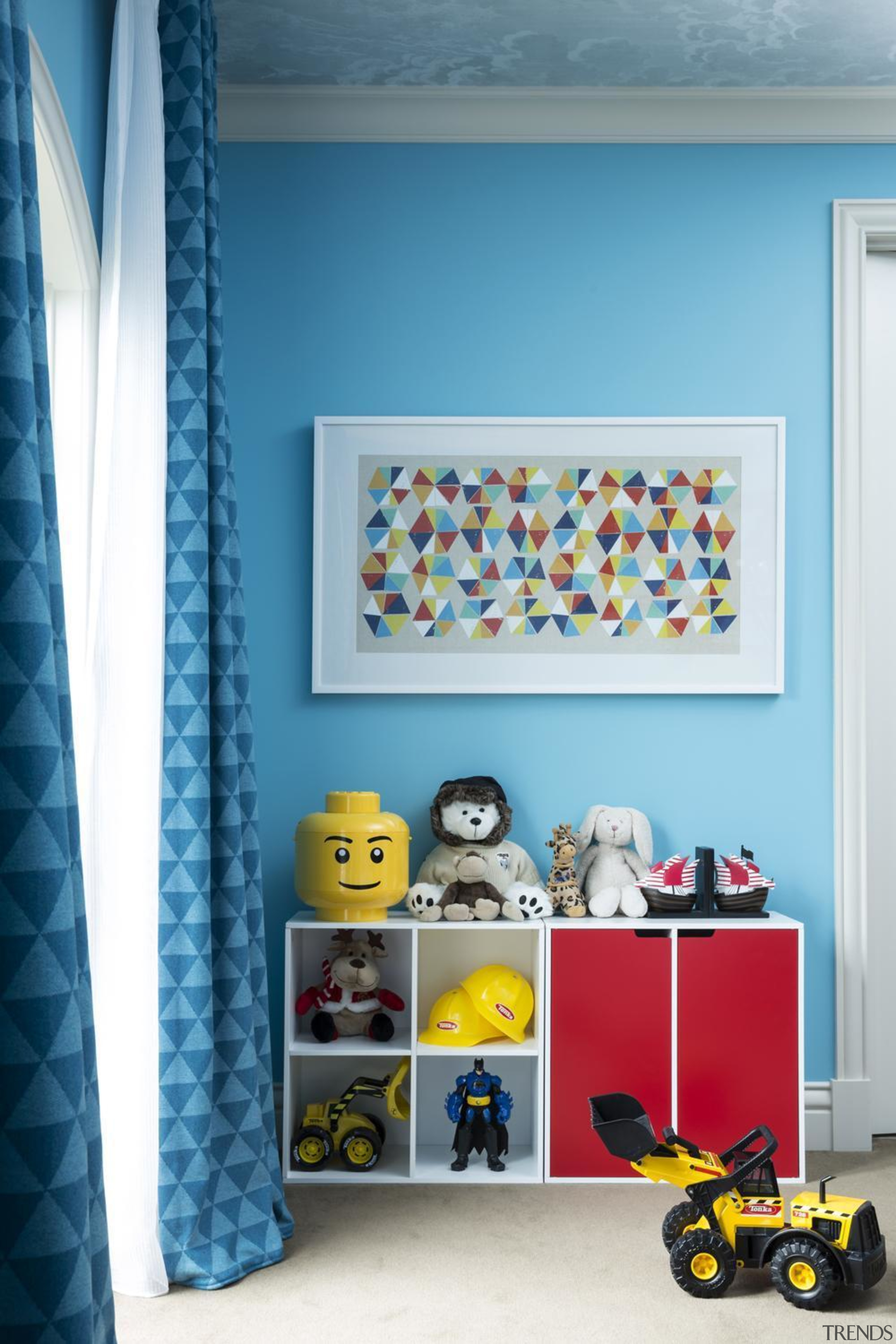 Kids Bedroom - blue | interior design | blue, interior design, product, room, shelf, shelving, wall, yellow, teal, white