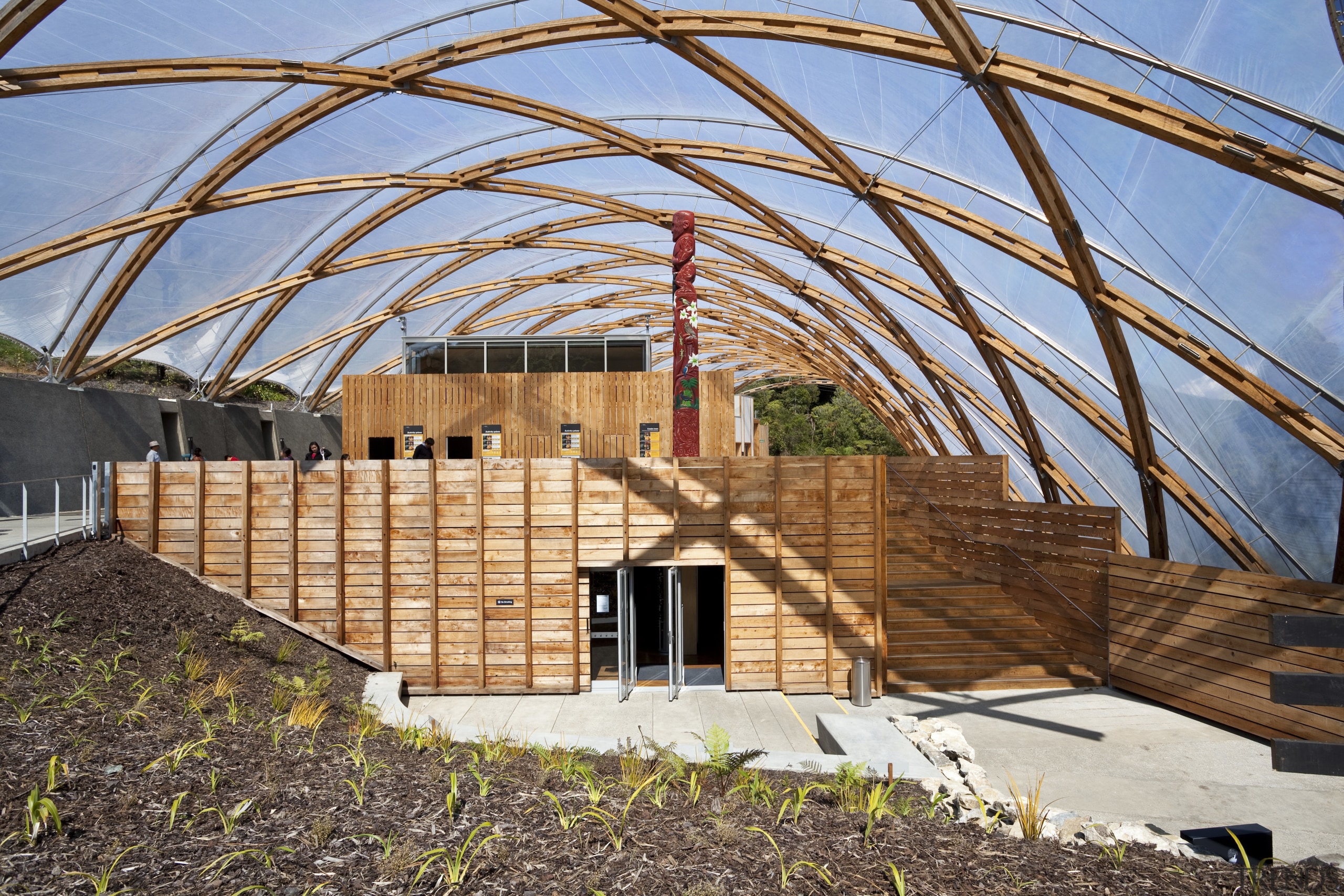 View of the canopy at the Waitomo Caves architecture, building, roof, structure, wood, brown, teal