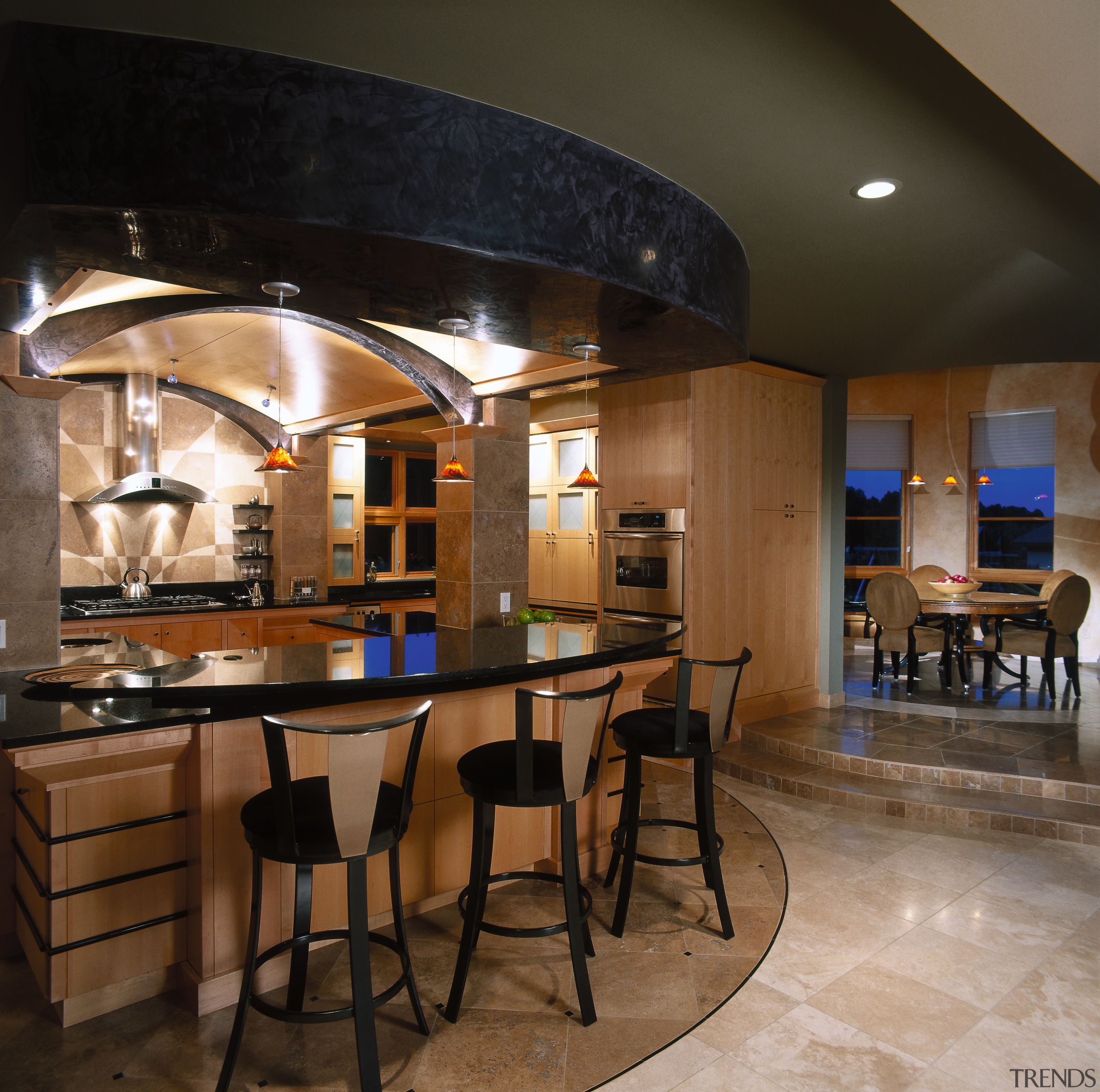 Low barrel vault ceiling with maple panels, and ceiling, countertop, interior design, kitchen, table, black, brown