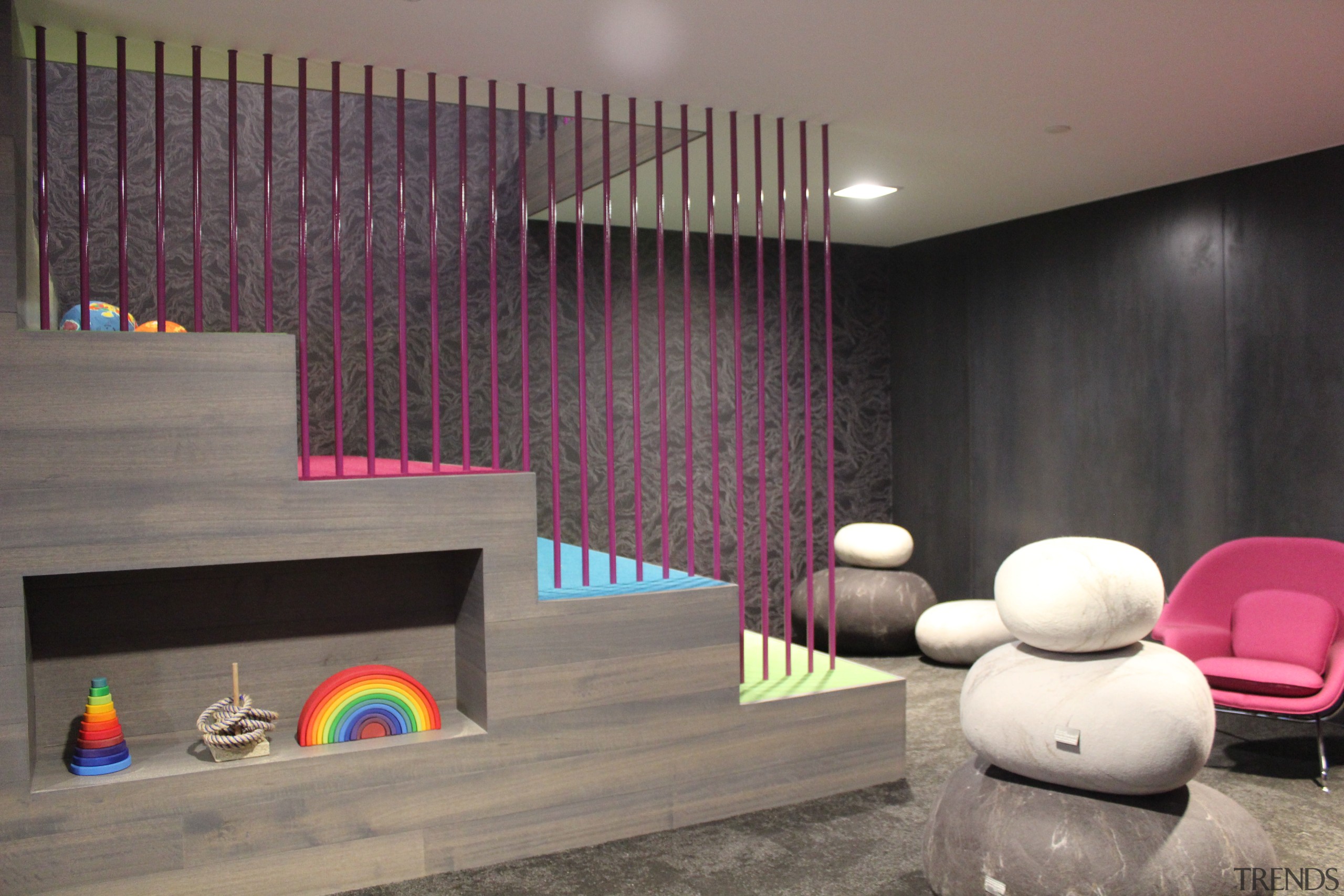 The new Air New Zealand International Lounge at architecture, ceiling, design, floor, furniture, interior design, lobby, room, wall, gray, black