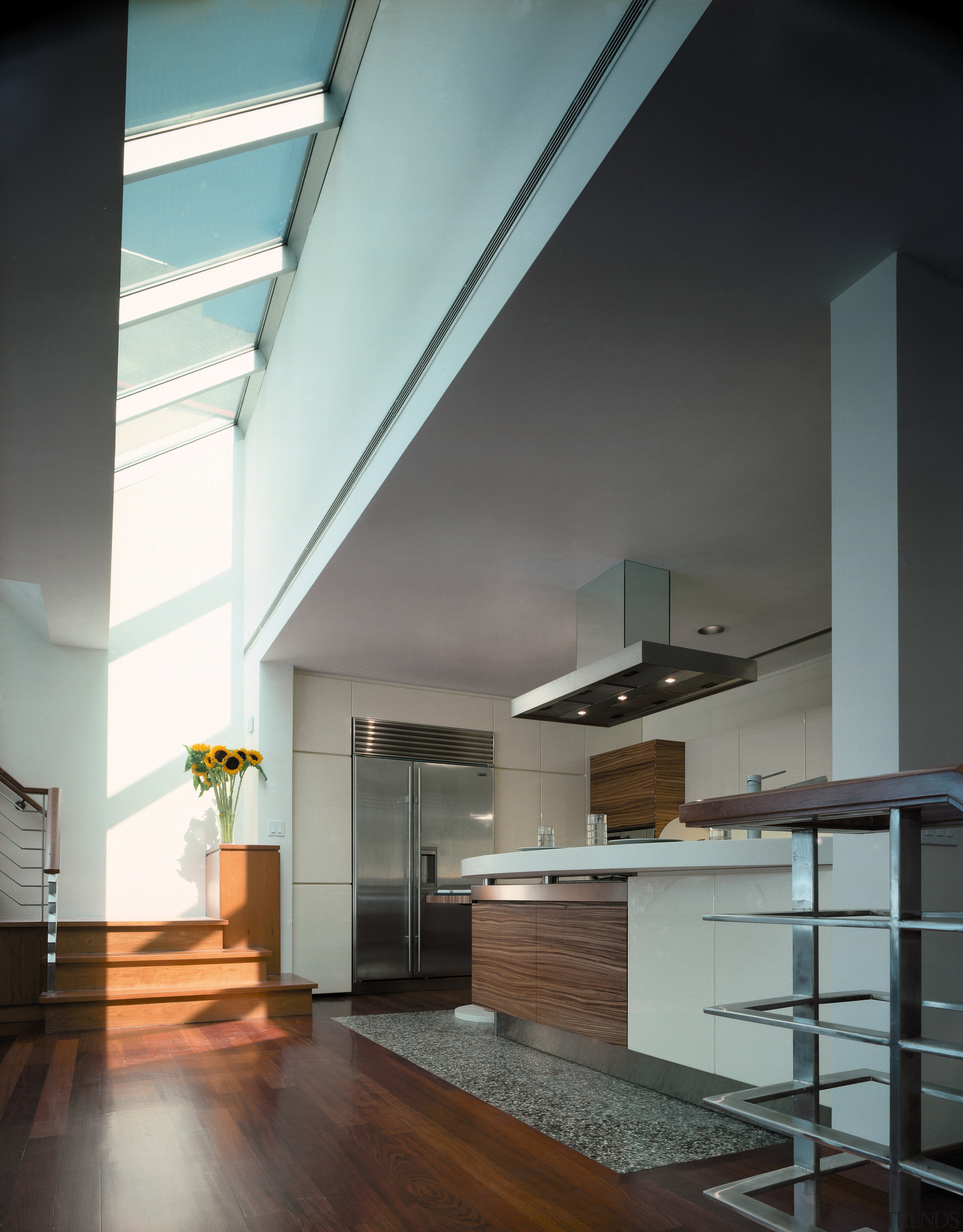 View of the kitchen featuring stainless steel sub-zero architecture, ceiling, daylighting, glass, house, interior design, loft, gray, black