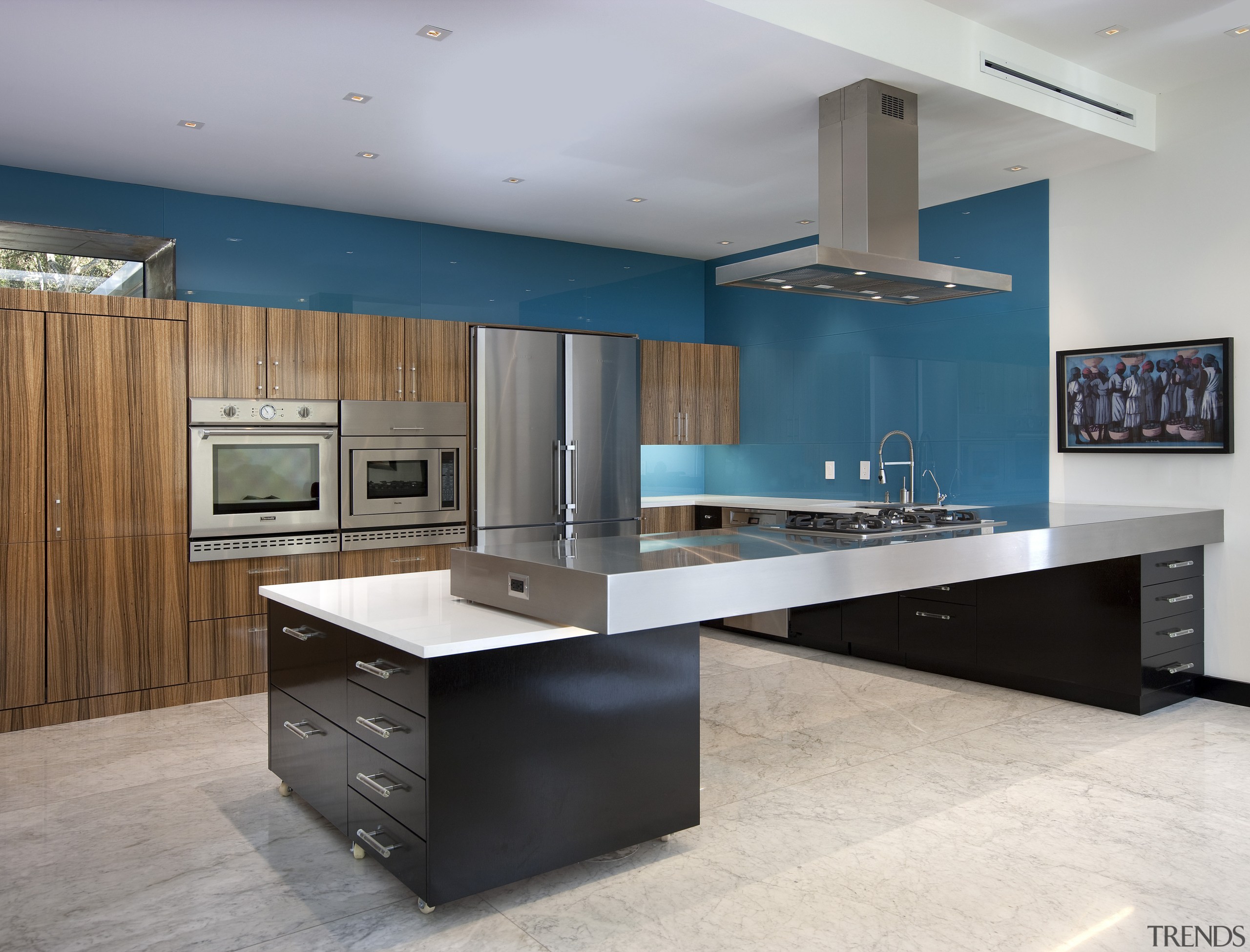 View of a minimalist kitchen which features floating cabinetry, countertop, cuisine classique, interior design, kitchen, room, gray