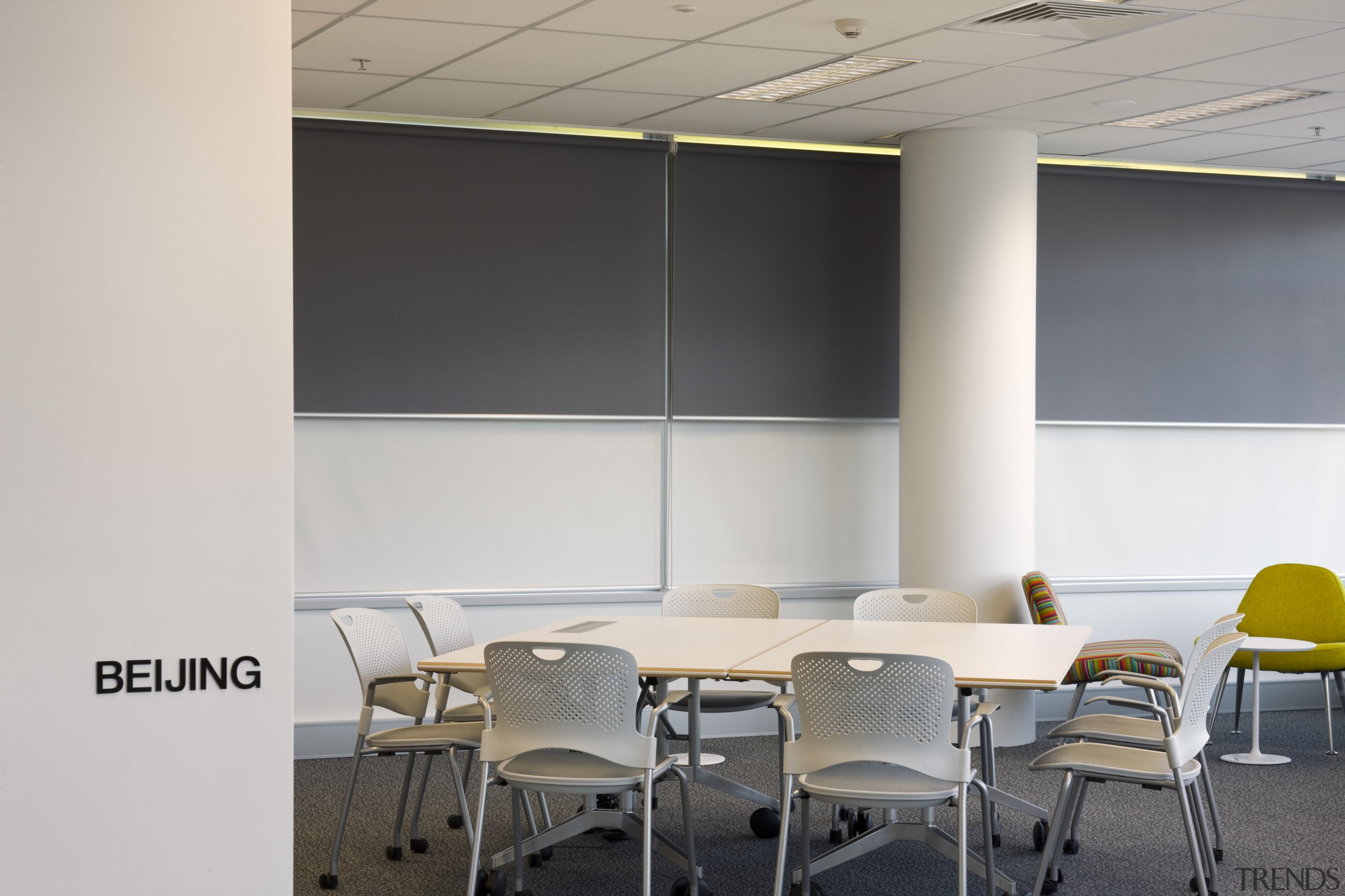 View of an office area in the ARUP ceiling, classroom, conference hall, furniture, interior design, office, product design, table, wall, gray