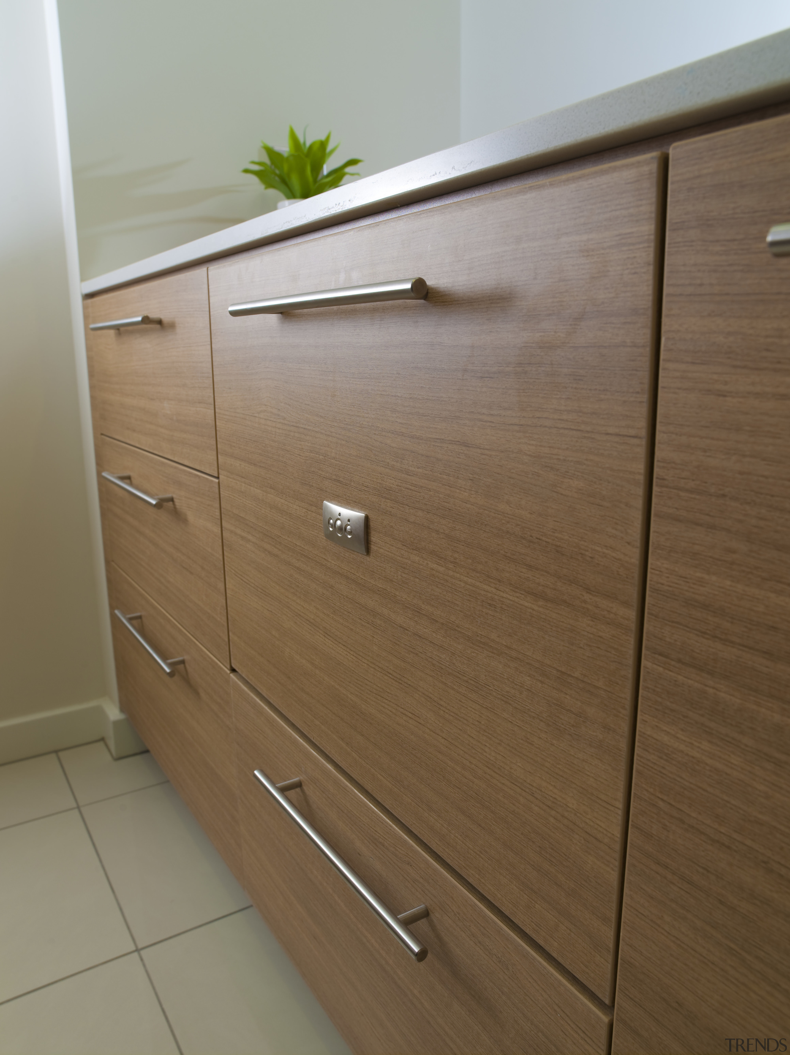 view of apartment kitchen which features Fisher and cabinetry, chest of drawers, cupboard, drawer, filing cabinet, furniture, hardwood, plywood, product, product design, sideboard, wall, wood, wood stain, brown, gray
