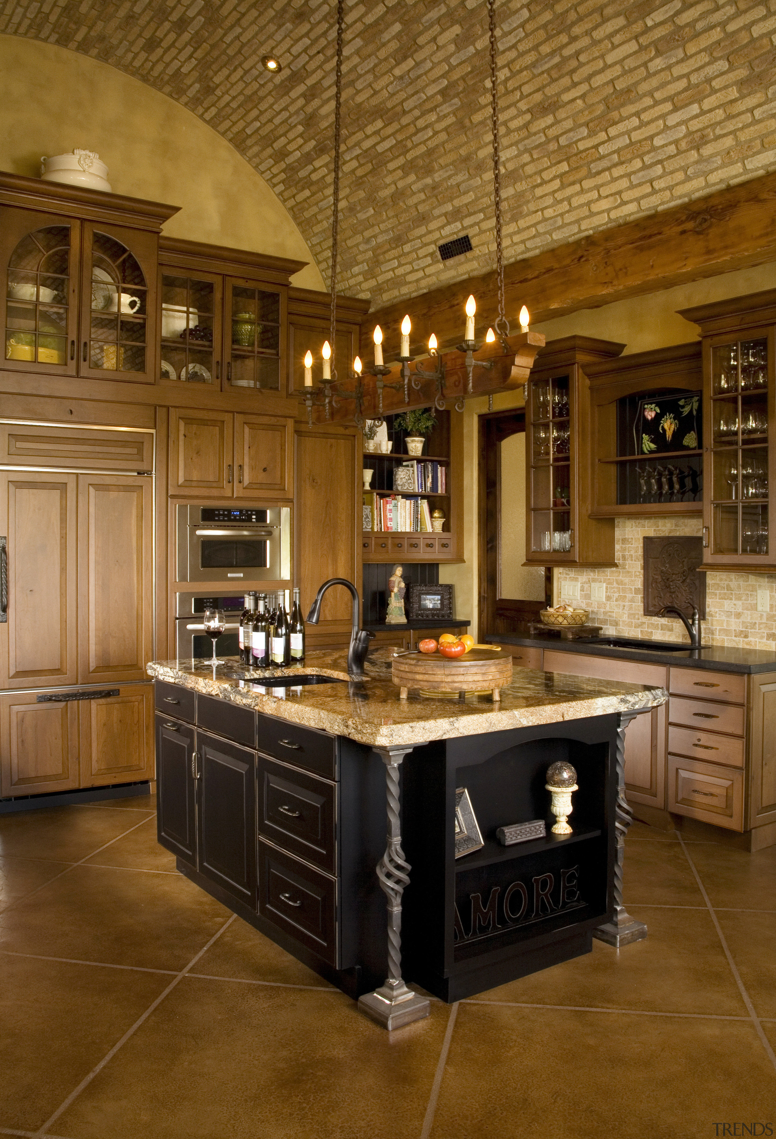 View of kitchen with barrel ceiling, light cabinets cabinetry, ceiling, countertop, cuisine classique, flooring, hardwood, interior design, kitchen, room, wood, brown