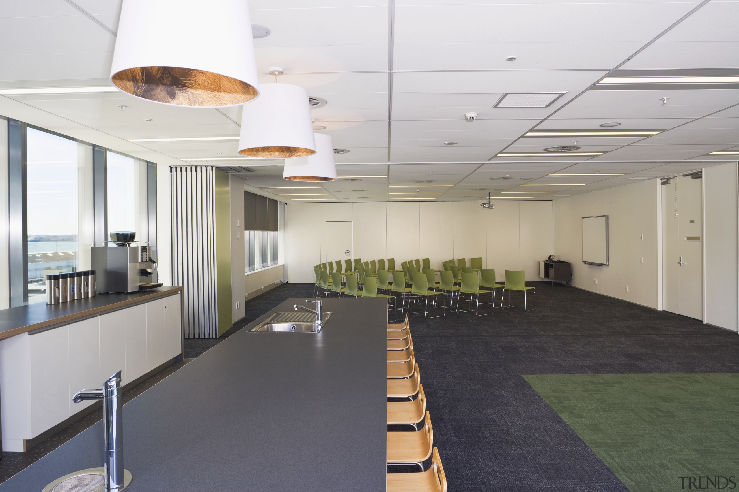 Interior view of office space inside the Westpac ceiling, conference hall, floor, interior design, office, gray