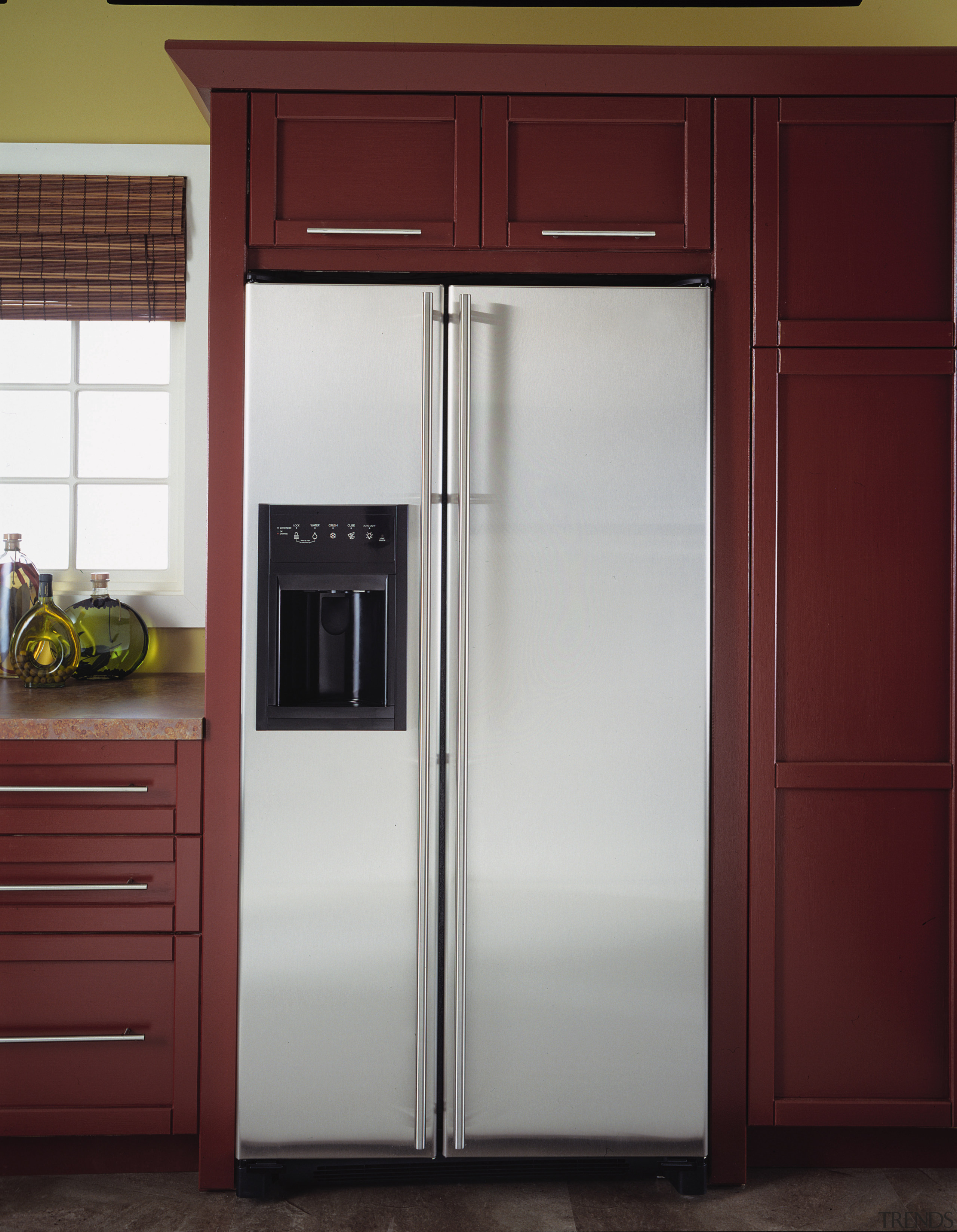 An example of attractive and practical fridges and cabinetry, home appliance, kitchen, kitchen appliance, major appliance, product, refrigerator, red, gray