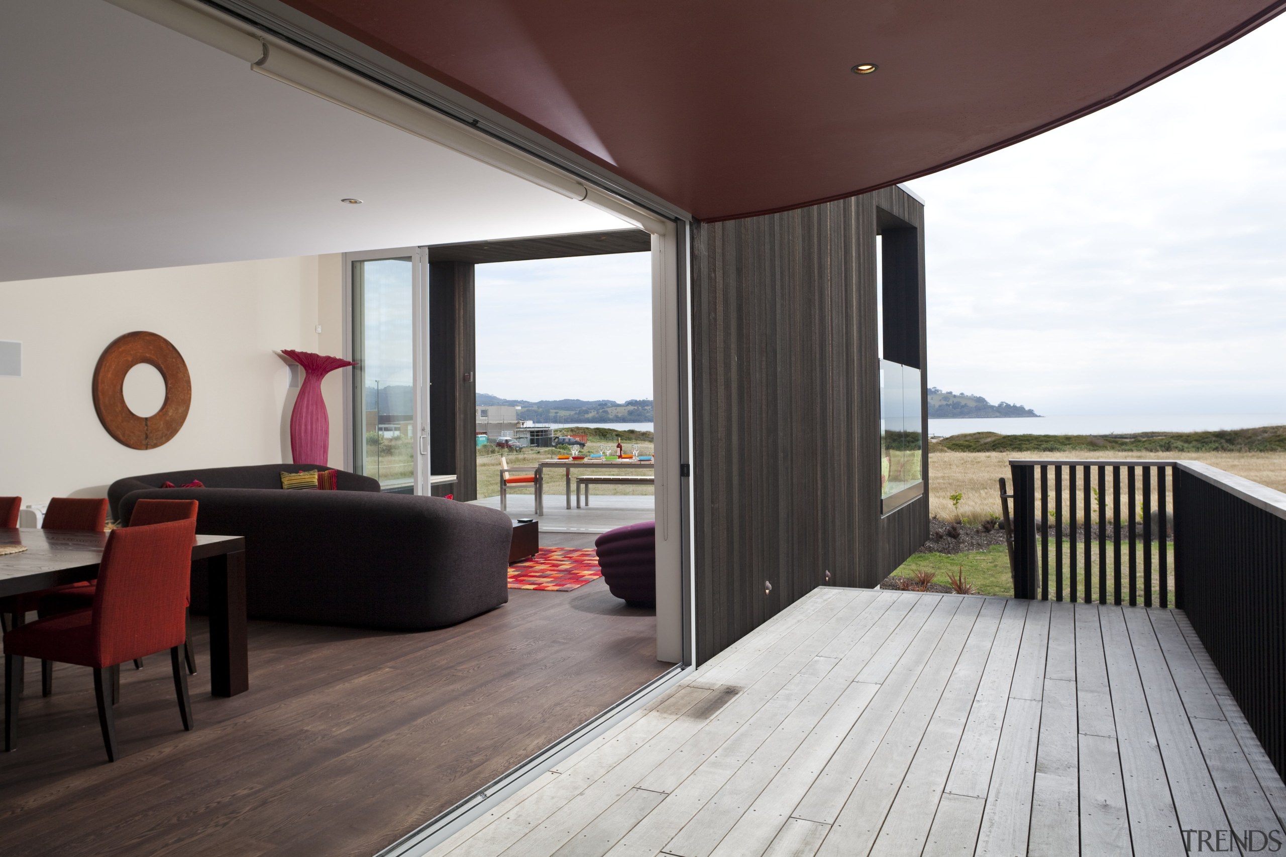 View of red, black and white beach house architecture, floor, house, interior design, real estate, window, wood, white