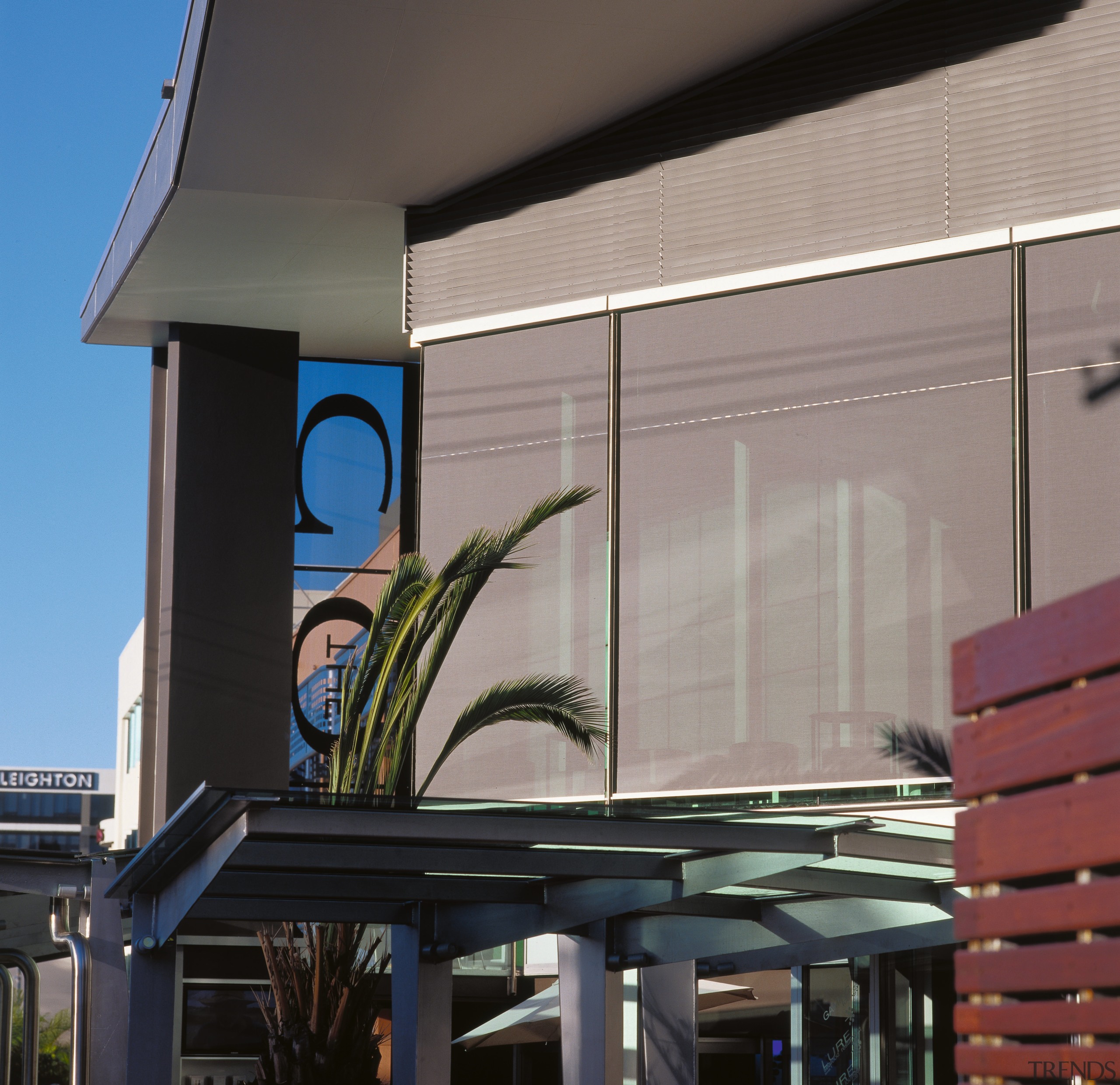 Exterior view of building showing external screens at architecture, building, facade, glass, roof, shade, structure, window, gray, black