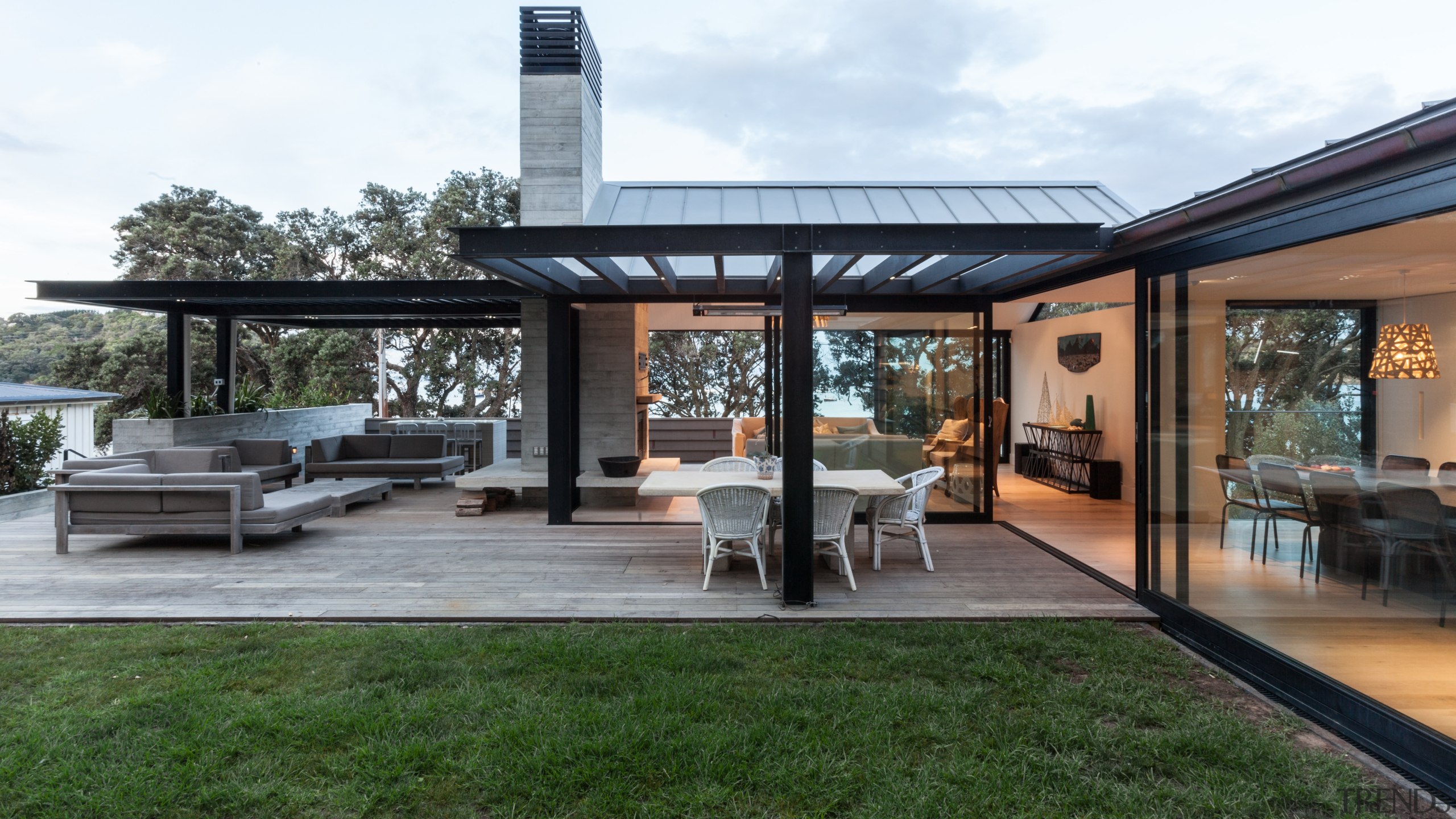 On this seaside residence, its hard to spot house, outdoor structure, patio, property, real estate, white