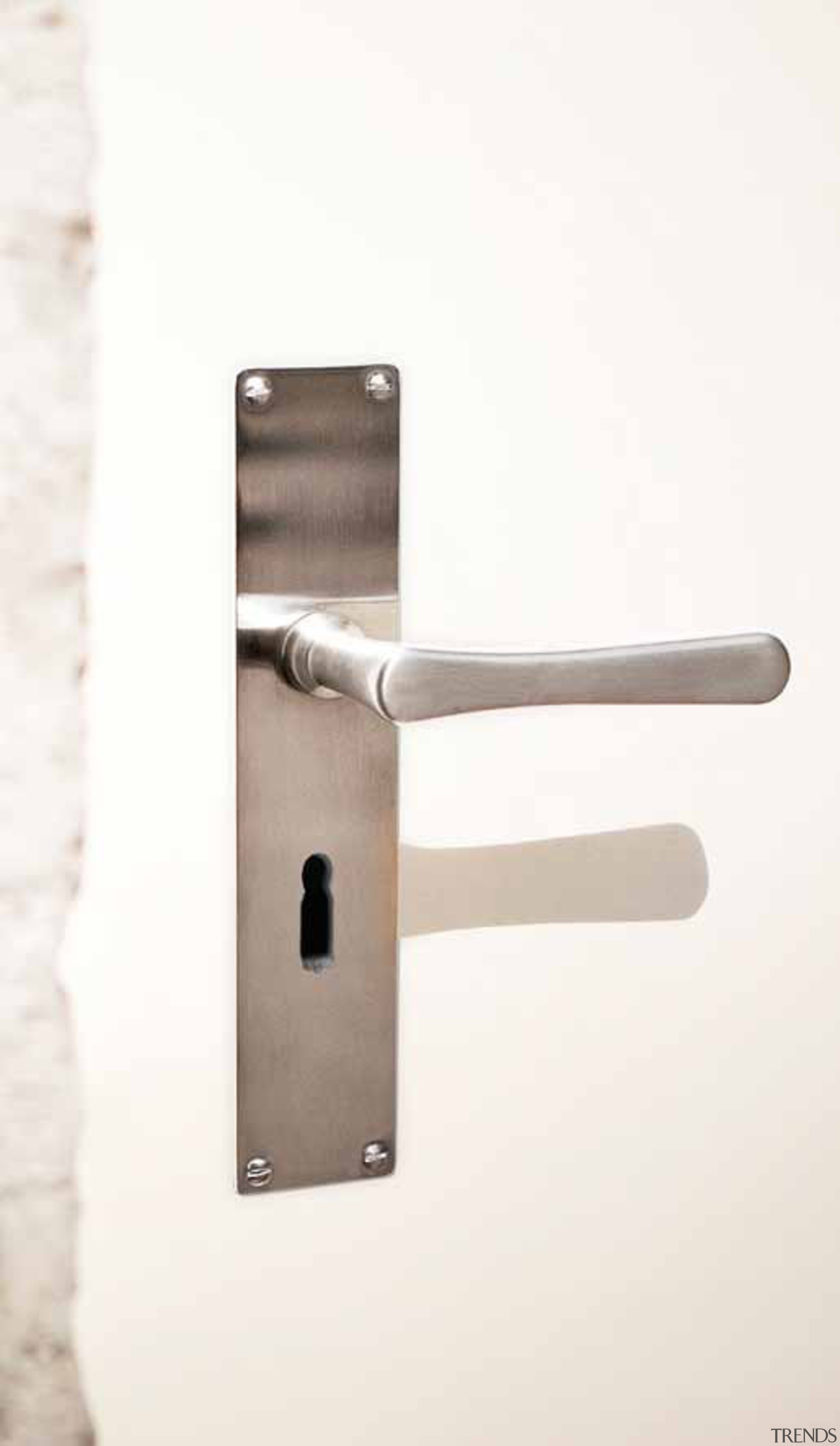 1935, Solid Lever Handle on Plate.Satin Nickel - door handle, hardware accessory, lock, product design, white