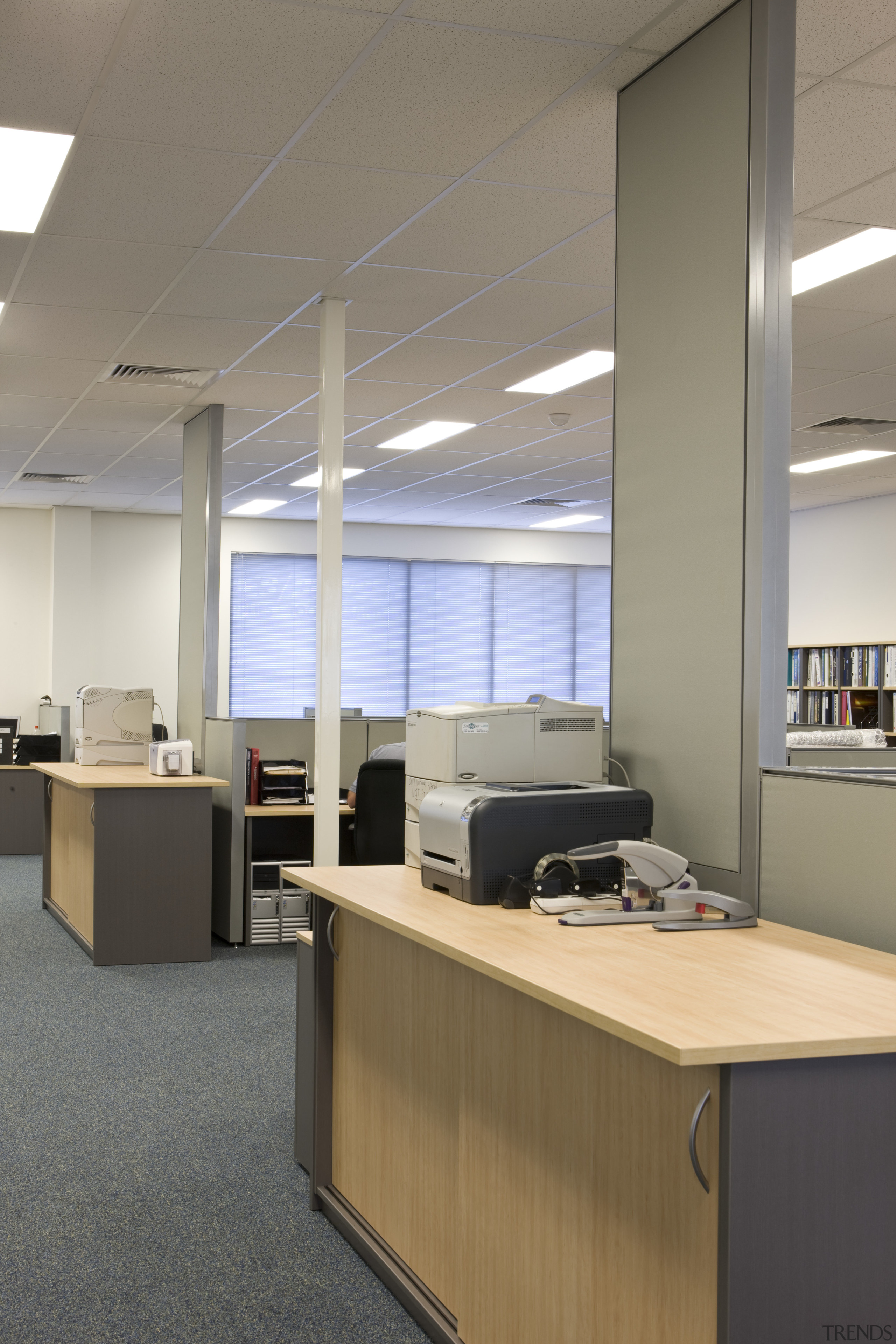 Image of desk and shelving supplied by The ceiling, floor, interior design, office, product design, gray