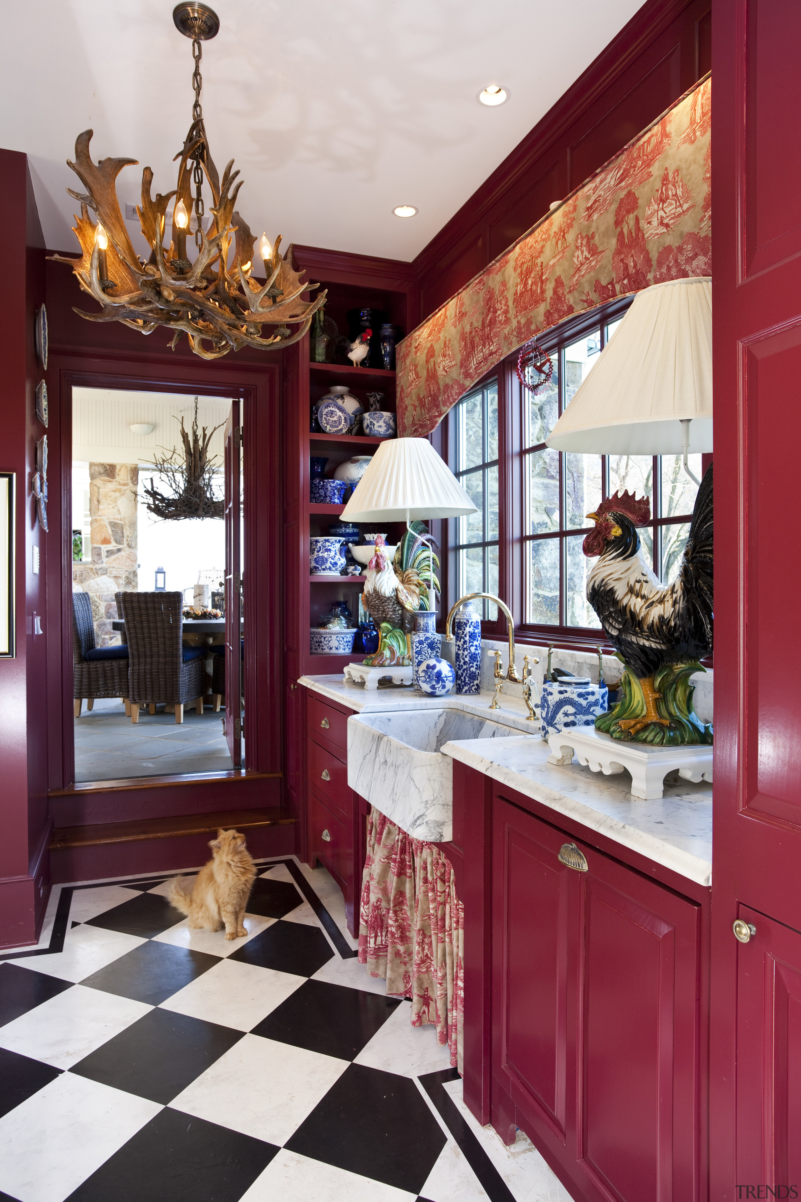 View of kitchen with wooden flooring, high ceilings home, interior design, room, red, white