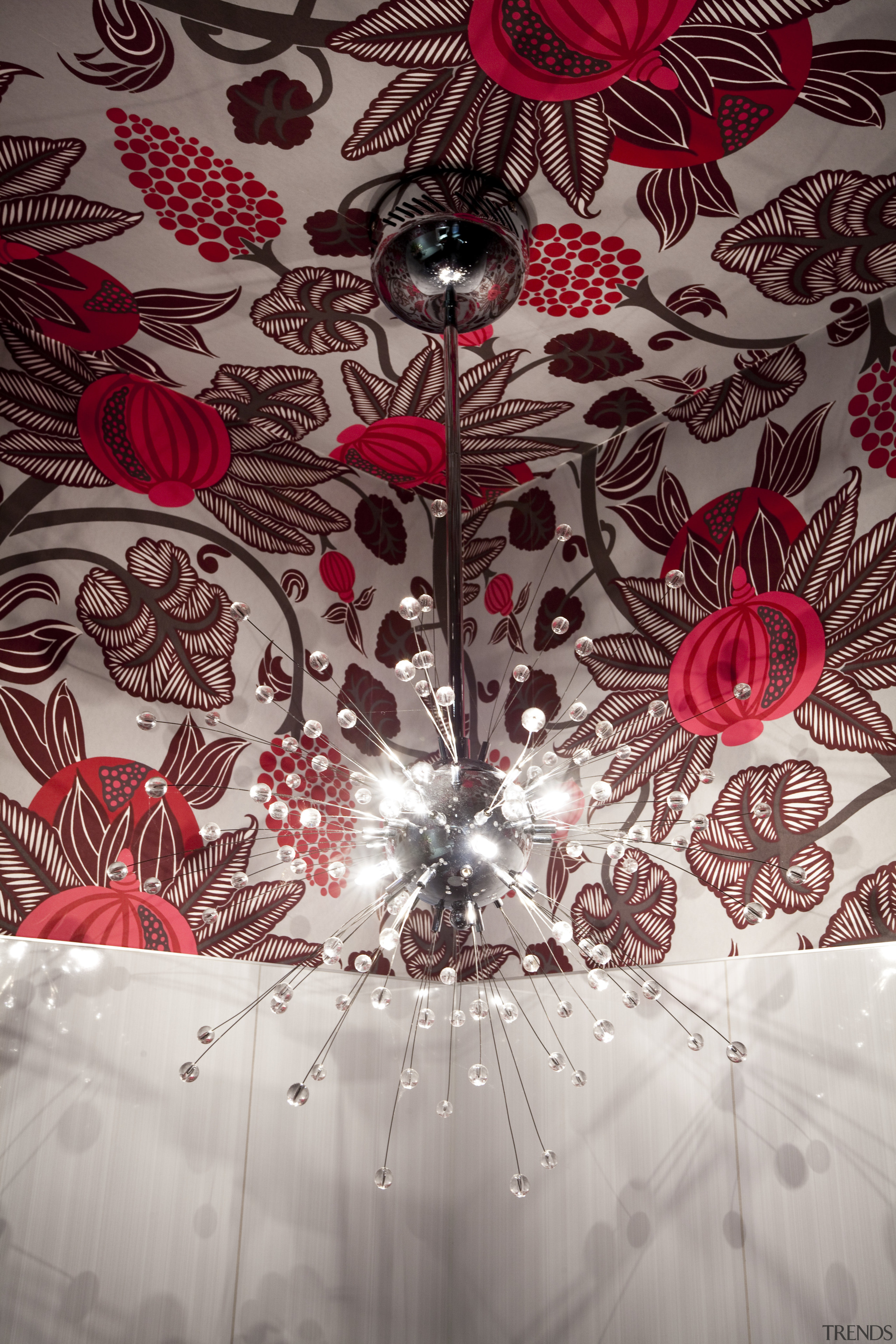 Ceiling with red flower pattern and hanging light art, design, graphic design, illustration, pattern, pink, red, wallpaper, gray, red