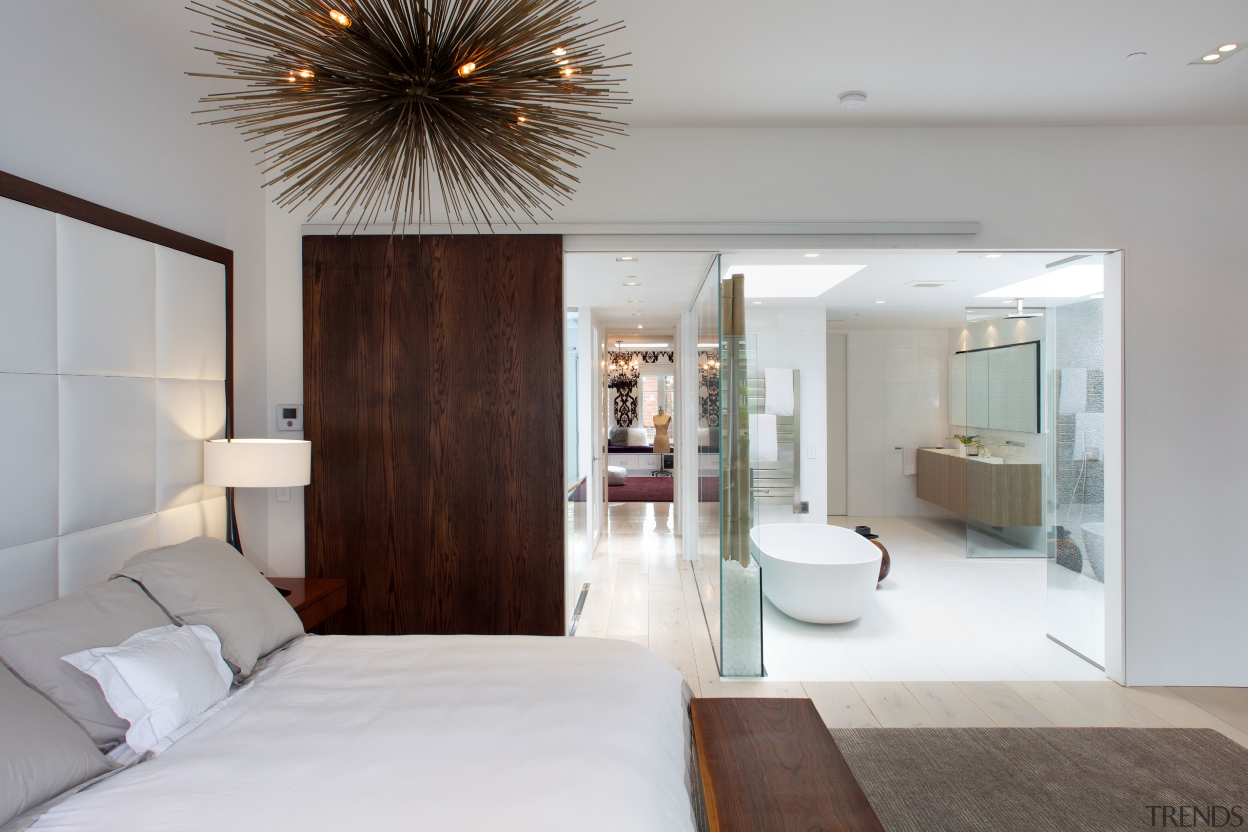 Just like a tropical resort, this new suite bedroom, ceiling, home, interior design, room, suite, gray