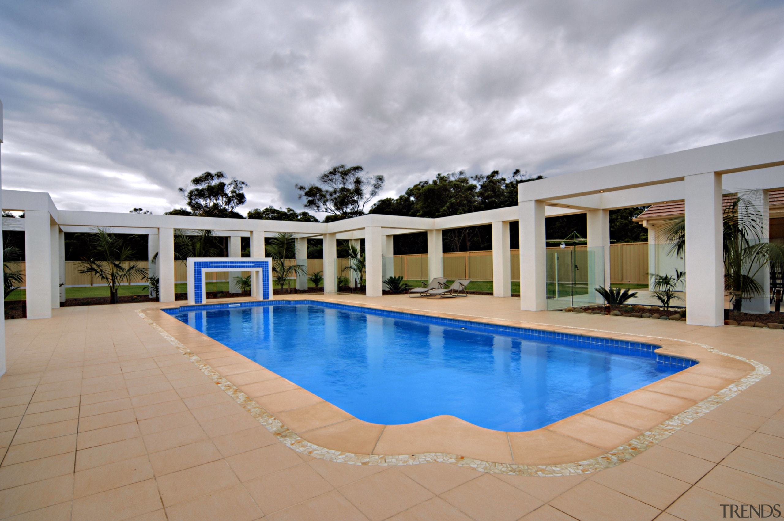 Exterior view of unique contemporary pool &amp; patio estate, hacienda, home, house, leisure, property, real estate, resort, swimming pool, villa, gray, orange