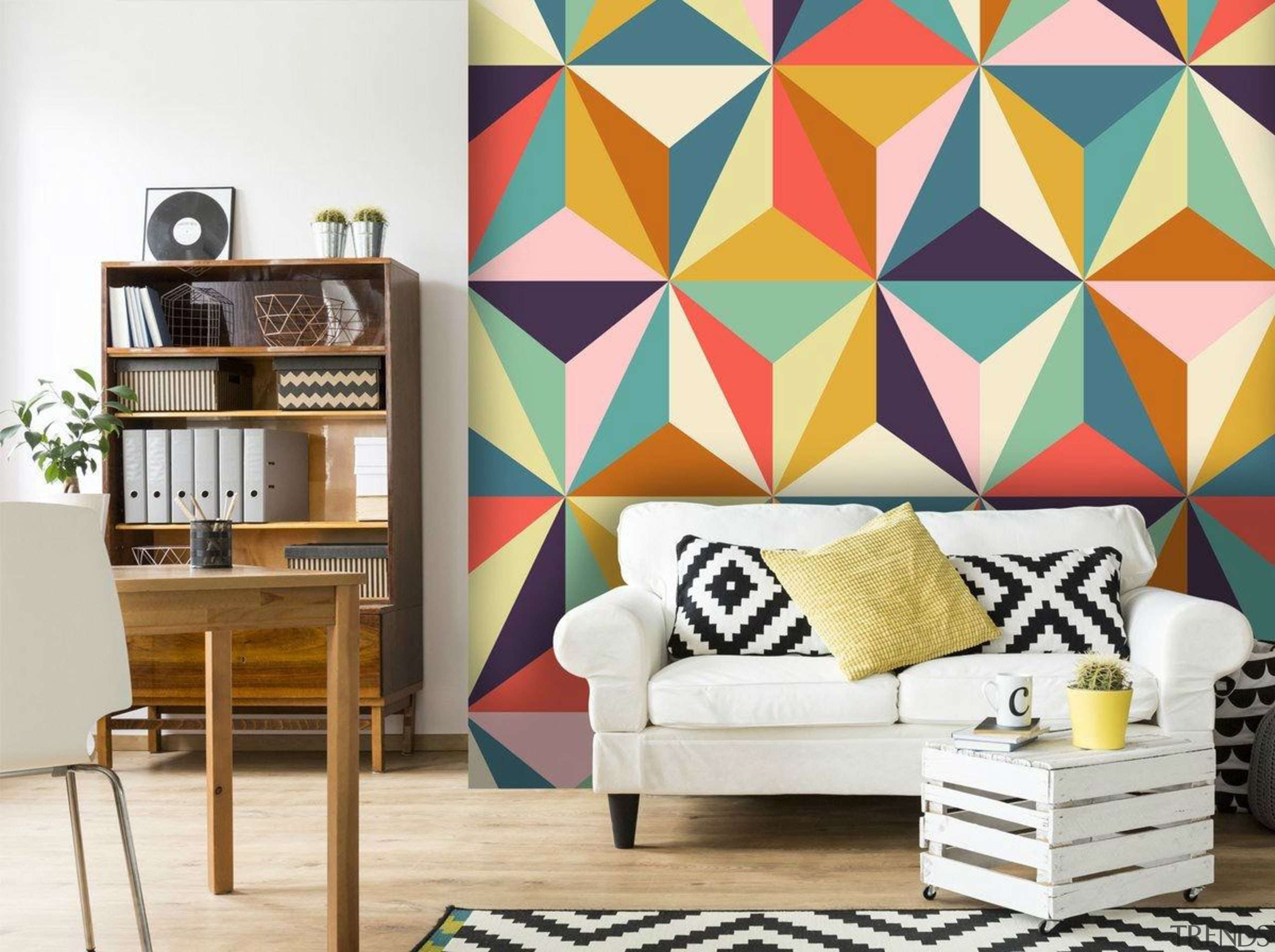 Geometric wallpaper - Geometric wallpaper - home | home, interior design, living room, pattern, room, wall, wallpaper, white