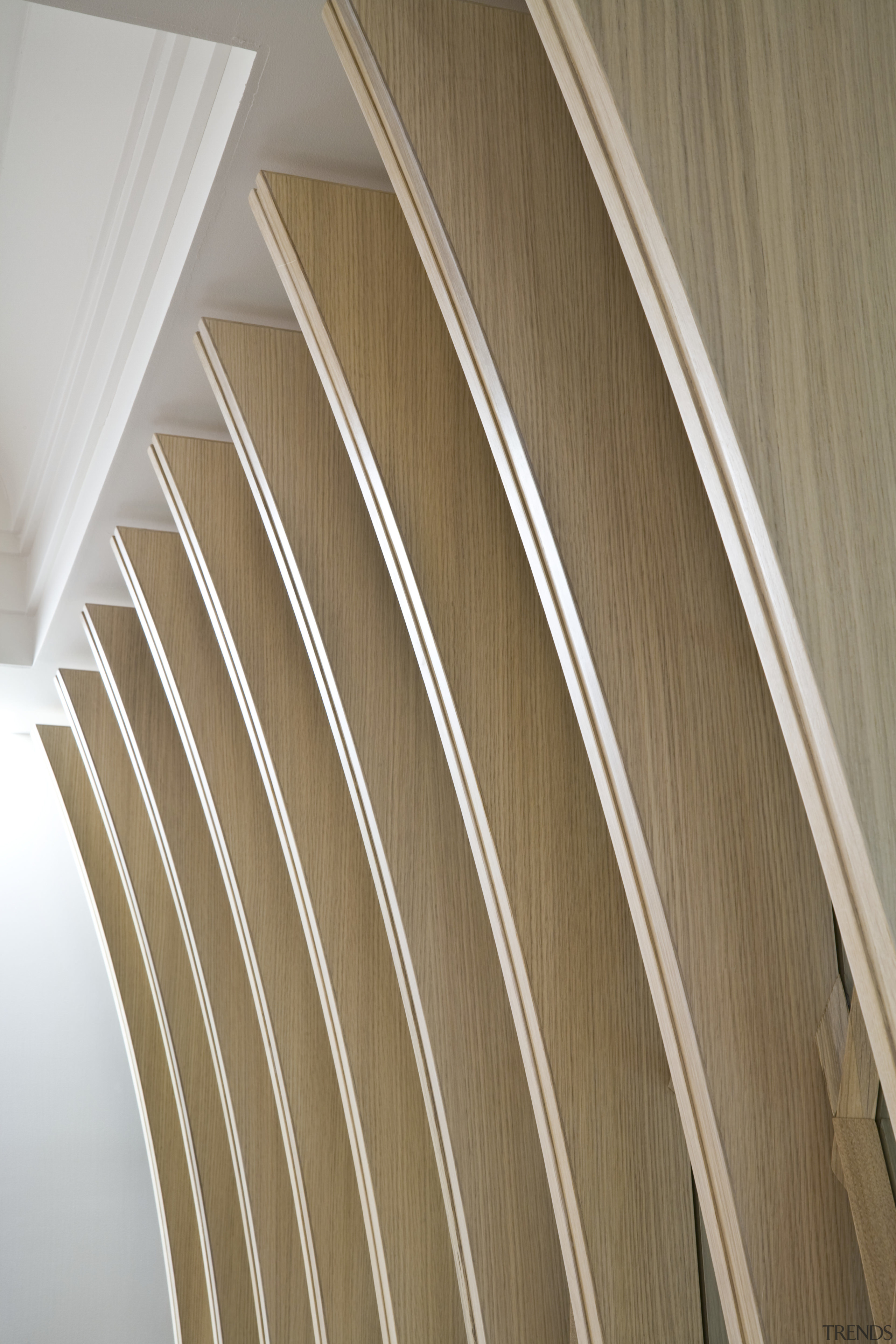 View of the curved oak fins that make angle, architecture, ceiling, daylighting, line, plywood, structure, wall, wood, brown