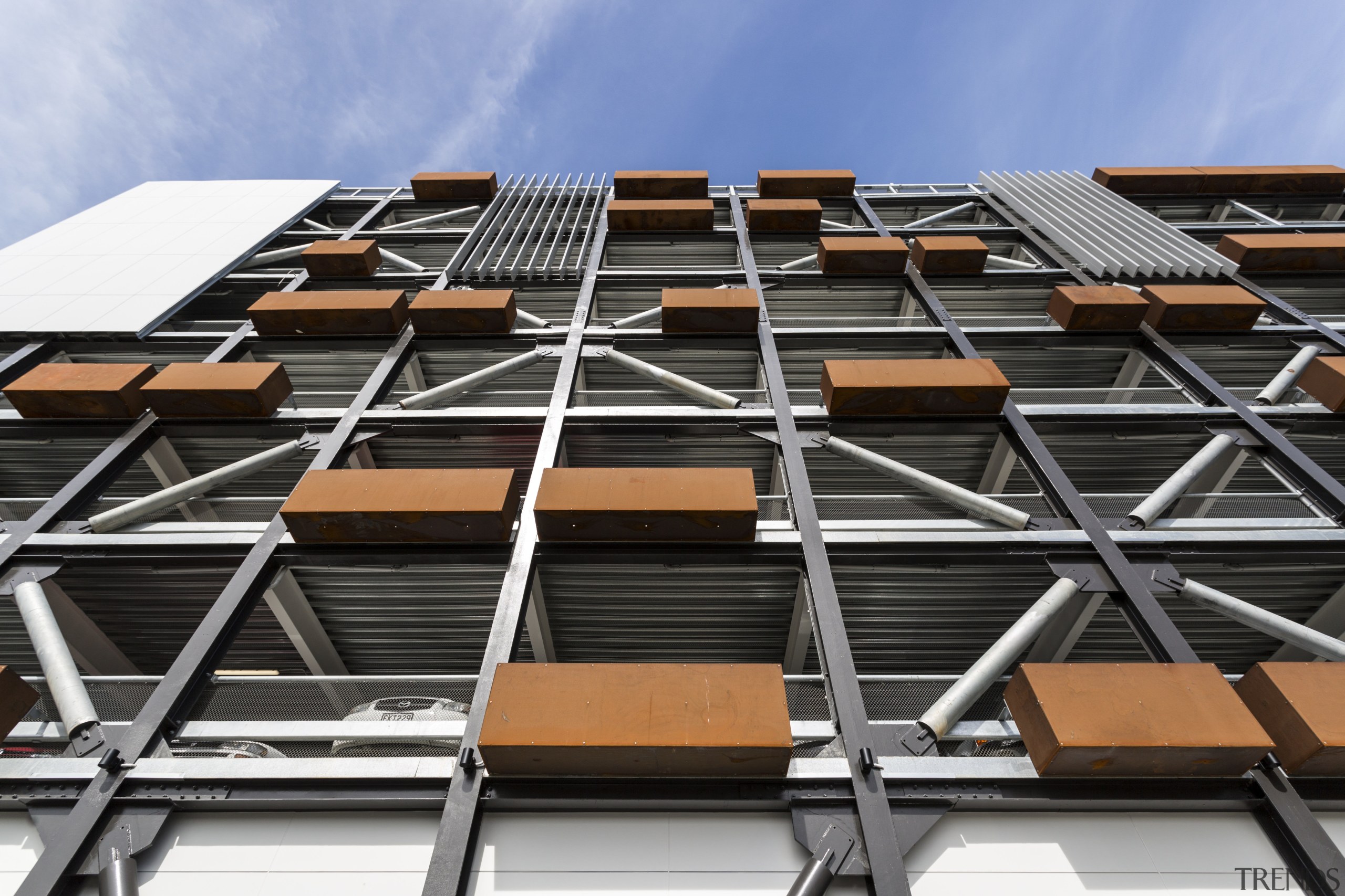 Planting in Corten steel boxes will eventual give building, daylighting, facade, roof, steel, black