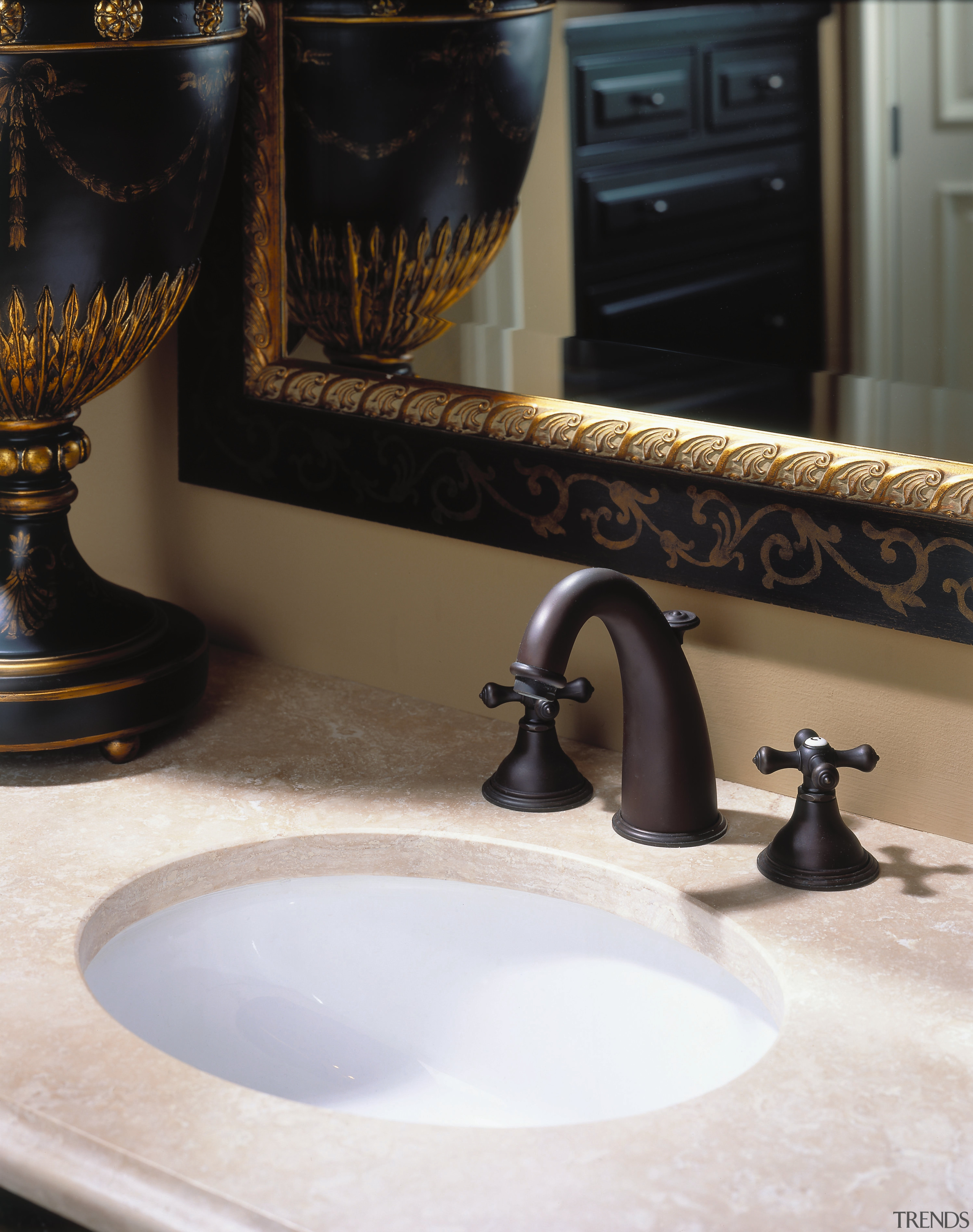 view of the basin - view of the bathroom, ceramic, countertop, floor, flooring, interior design, plumbing fixture, room, sink, table, tap, tile, black, white