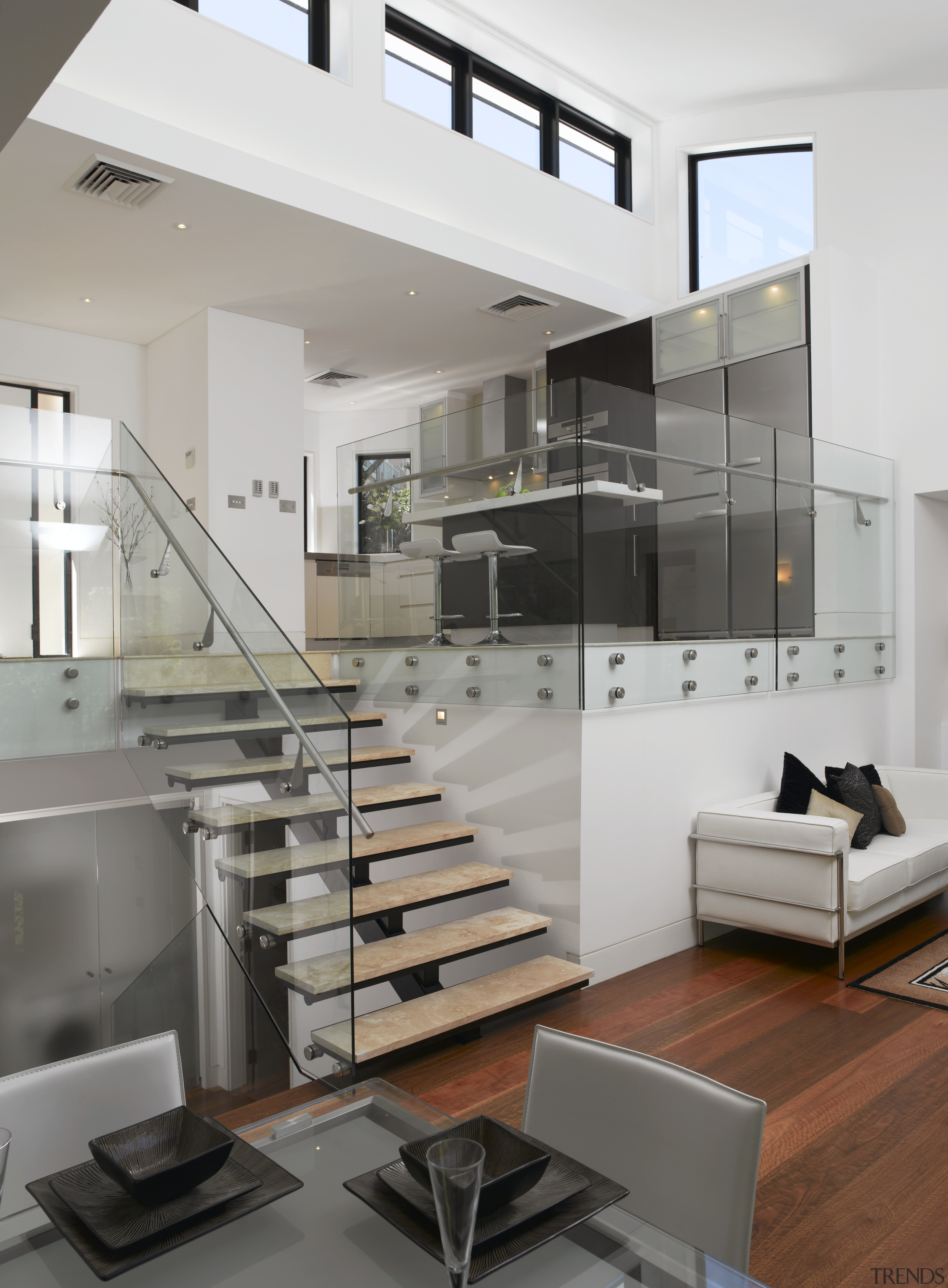 Villas in the new Waterfall Estate in Mosman, countertop, interior design, kitchen, product design, stairs, gray