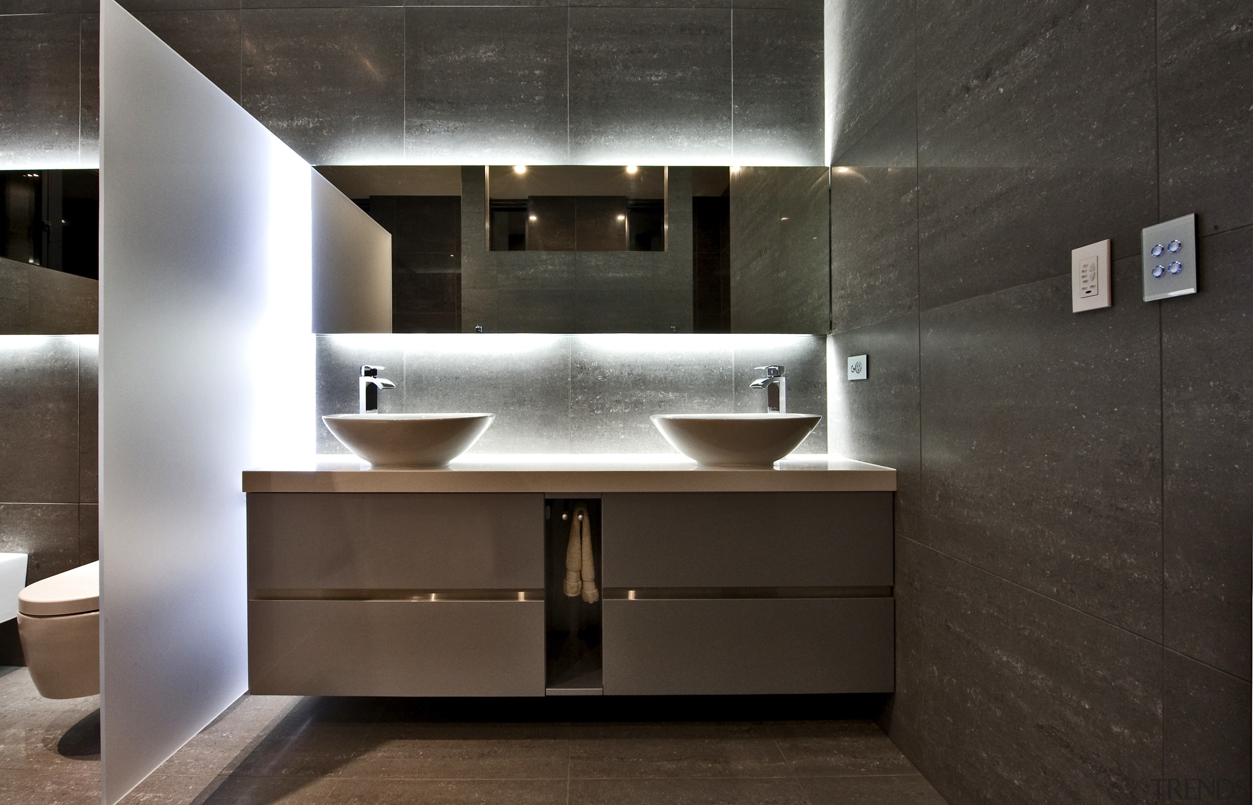 This home was designed by Gerrad Hall, the architecture, bathroom, countertop, interior design, product design, room, sink, black