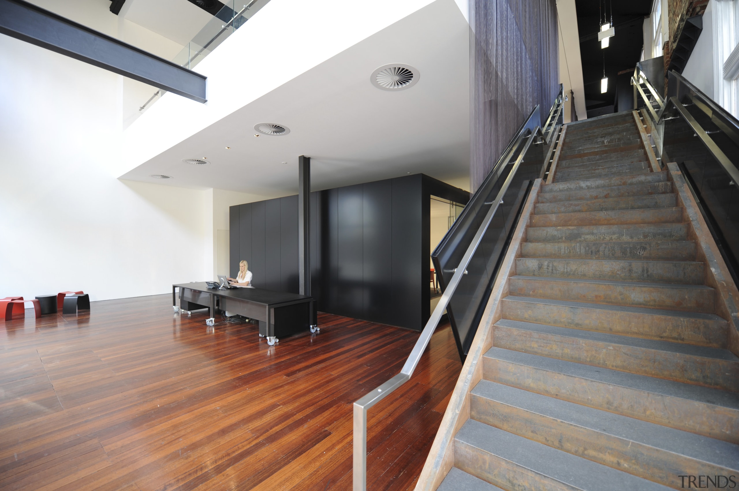 Architectural firm Coz Howlett &amp; Bailey Woodland relocated architecture, daylighting, floor, flooring, handrail, hardwood, house, interior design, laminate flooring, loft, property, real estate, stairs, wood, wood flooring, white