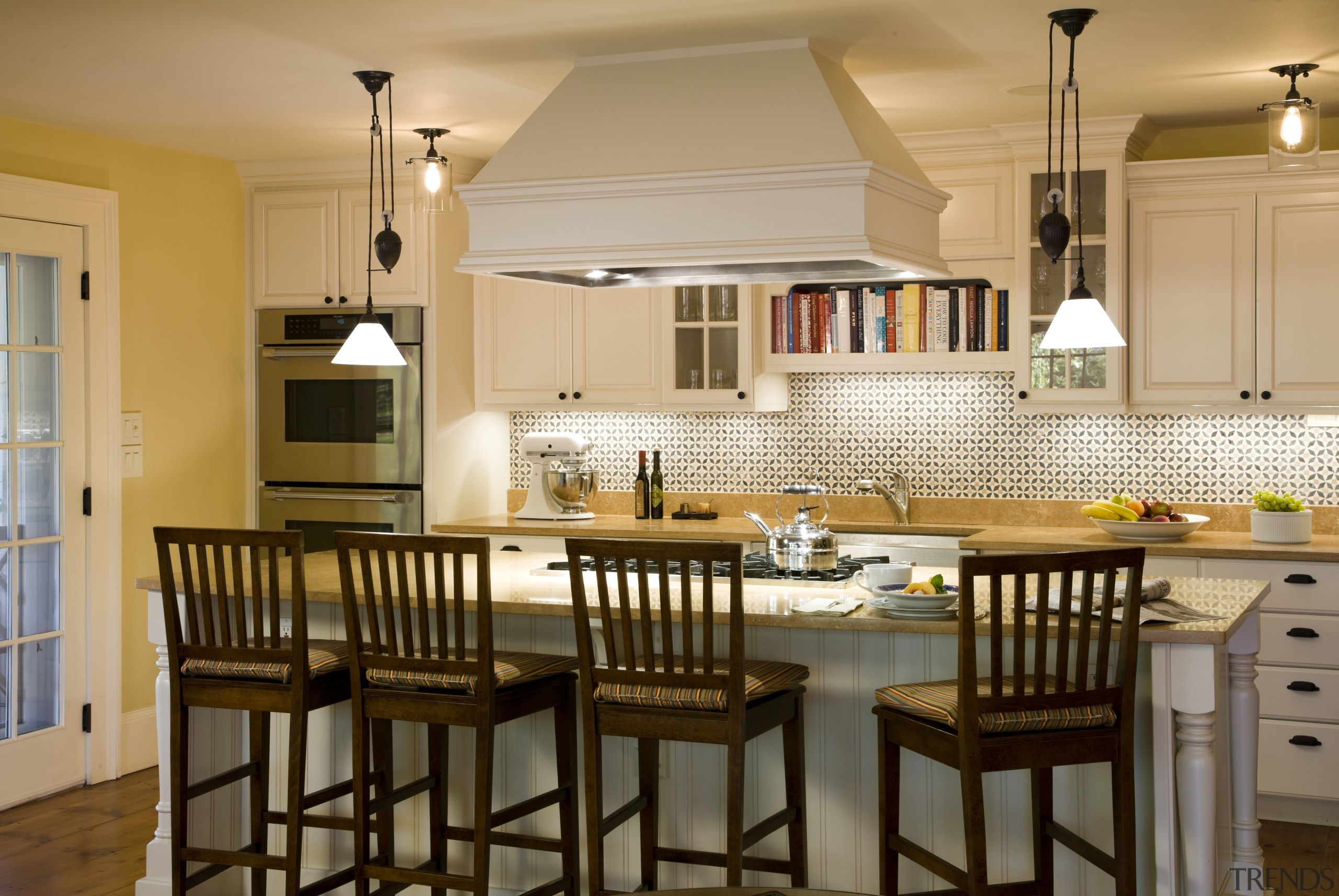 View of grand house with 18th and 19th cabinetry, countertop, cuisine classique, dining room, flooring, hardwood, home, interior design, kitchen, room, table, orange, brown