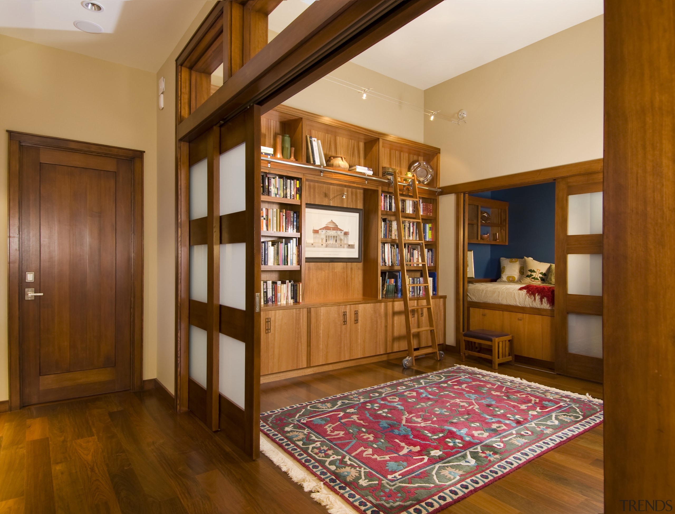 View of this traditional remodeled library space - cabinetry, ceiling, floor, flooring, furniture, hardwood, interior design, living room, real estate, room, wood, wood flooring, brown