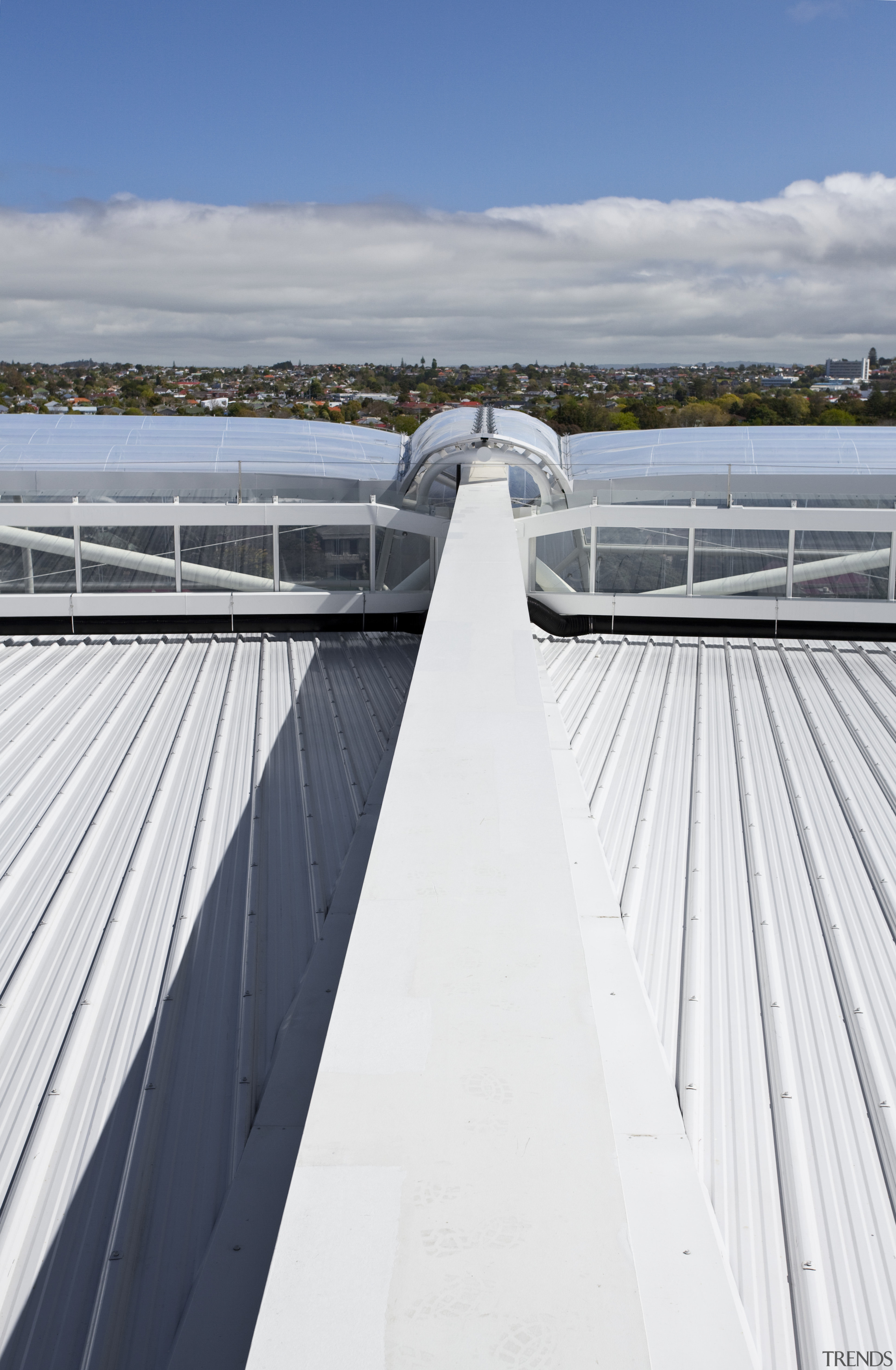 View of the cantilevered roof of the South architecture, daylighting, fixed link, roof, sky, water, white